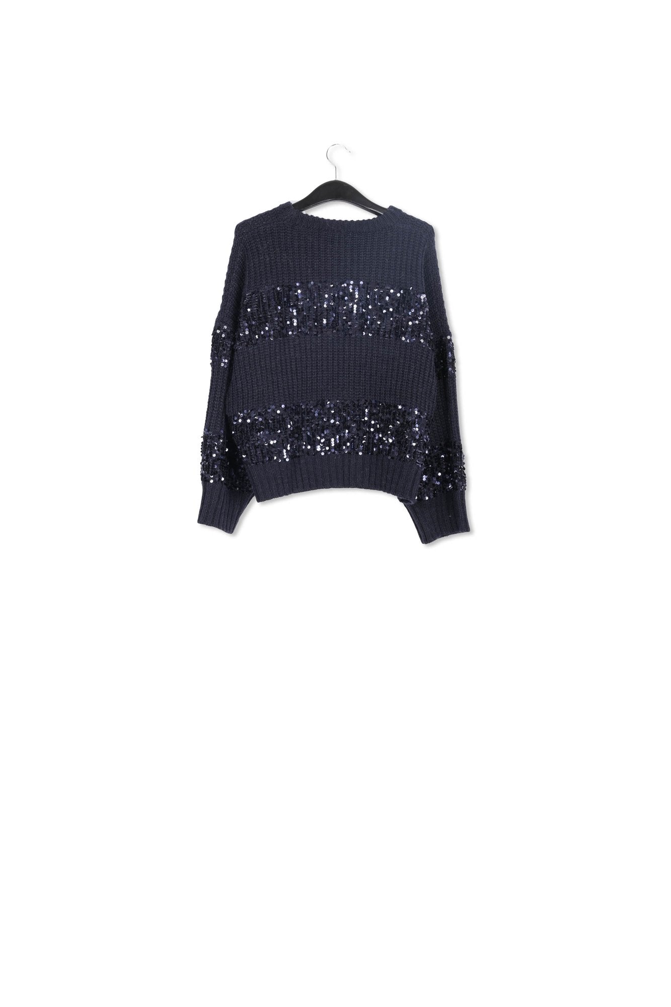 Navy blue knit sweater with sequin-embellished stripes RE—SSENTIEL | Essentiel second hand