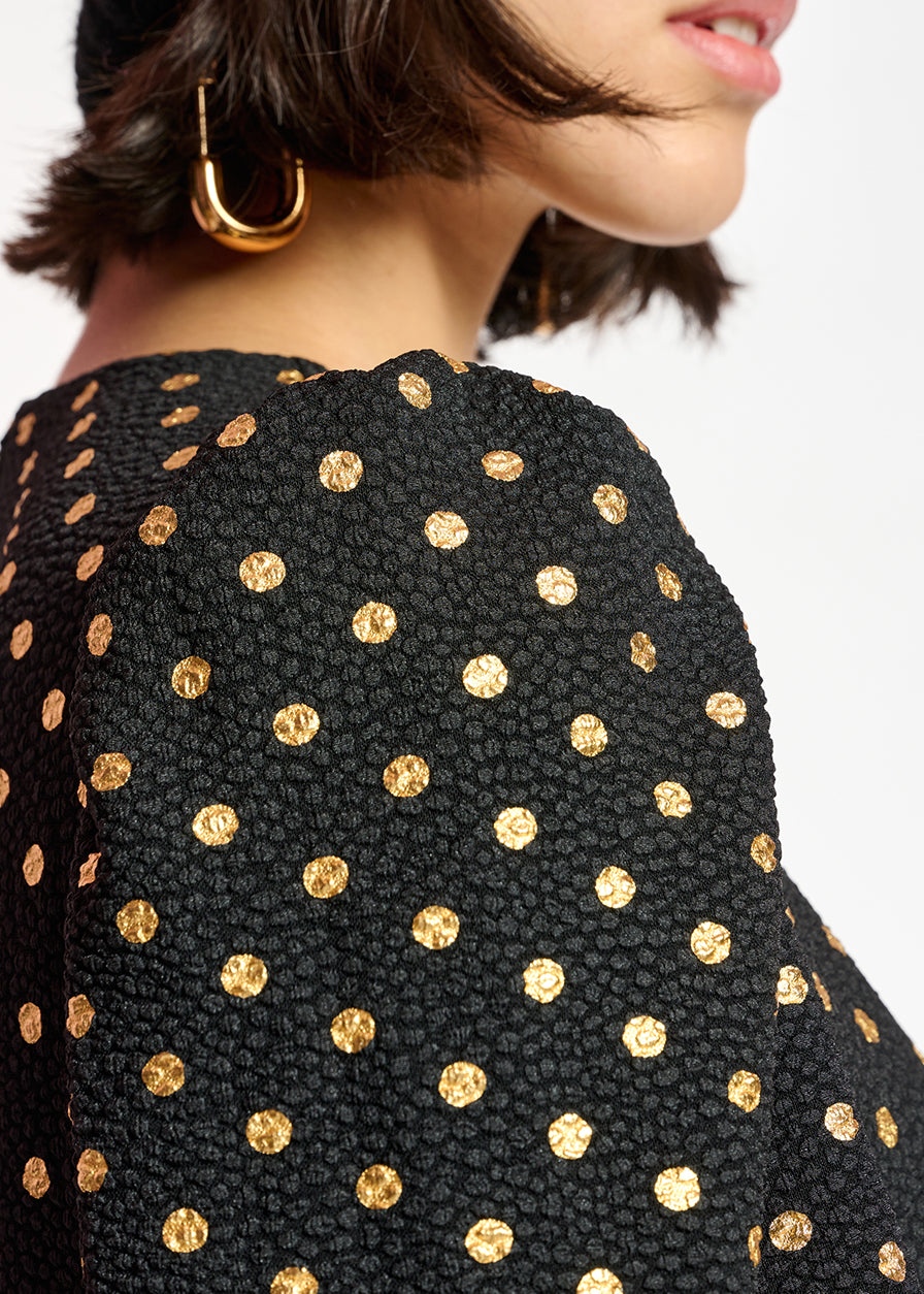 Mini-robe noire à pois dorés et manches trompettes RE—SSENTIEL | Essentiel second hand