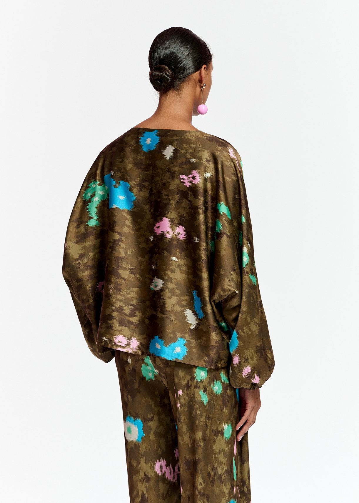 Khaki batwing-sleeve top with floral print RE—SSENTIEL | Essentiel second hand