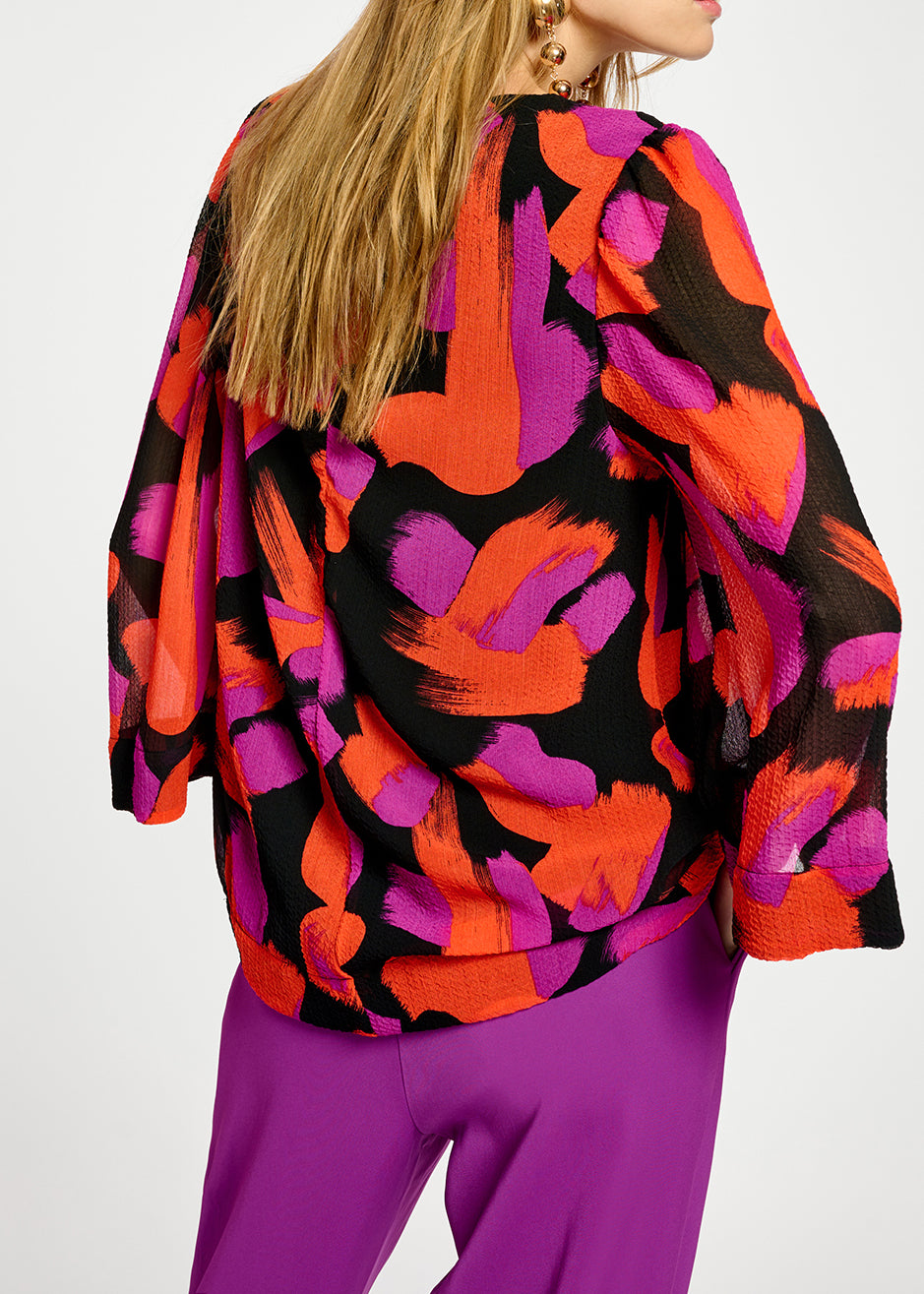 Black, orange and purple abstract-print top with puffed shoulders RE—SSENTIEL | Essentiel second hand