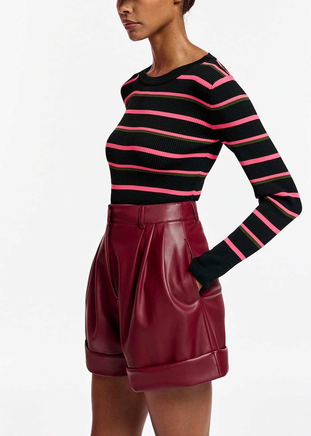Black, neon pink and khaki striped knitted sweater RE—SSENTIEL | Essentiel second hand