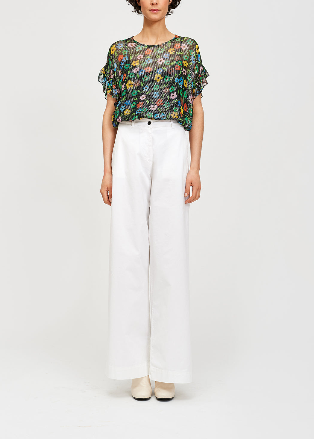 Black floral print top with ruffled sleeves RE—SSENTIEL | Essentiel second hand