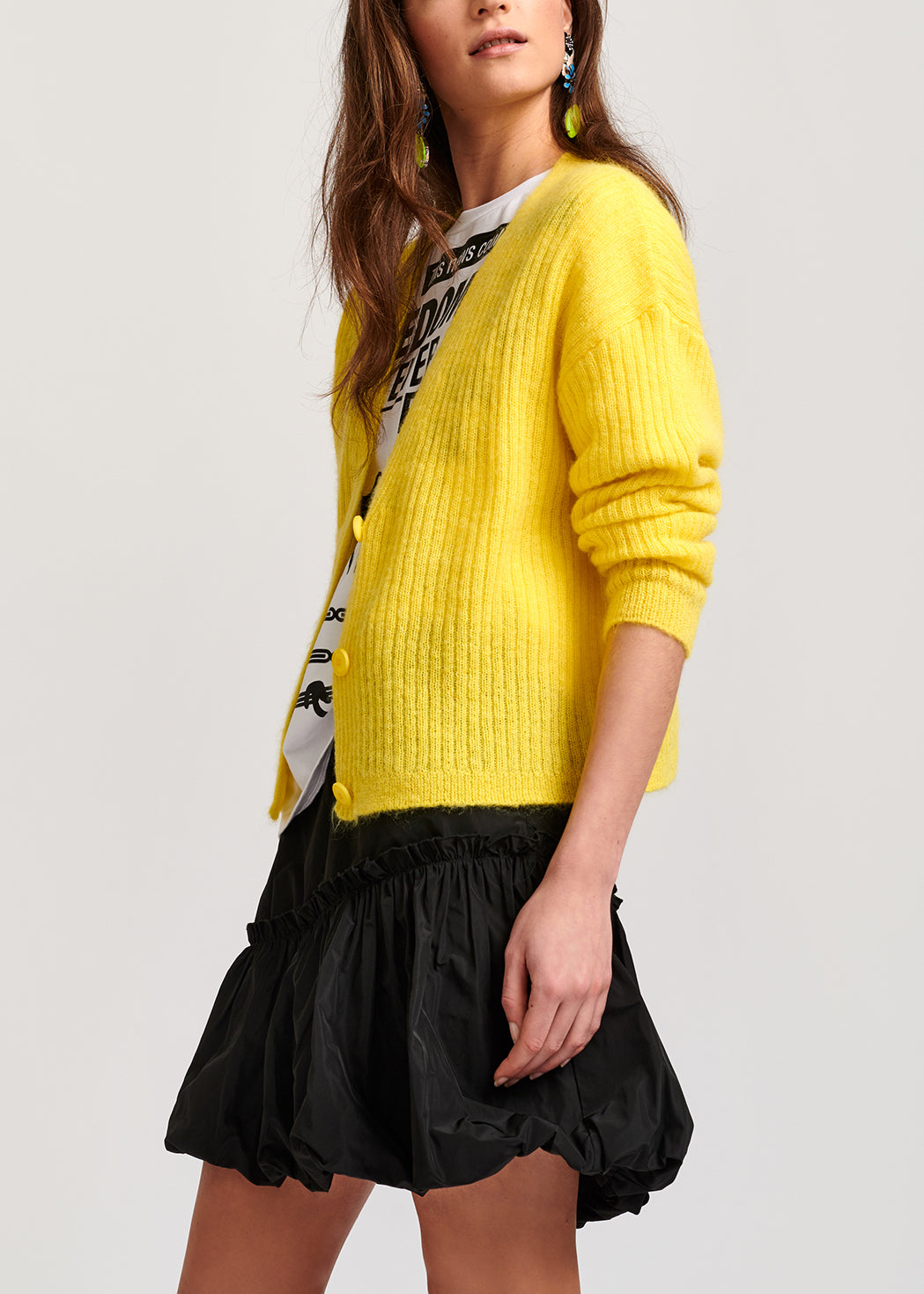 Yellow mohair-blend ribbed-knit cardigan RE—SSENTIEL | Essentiel second hand