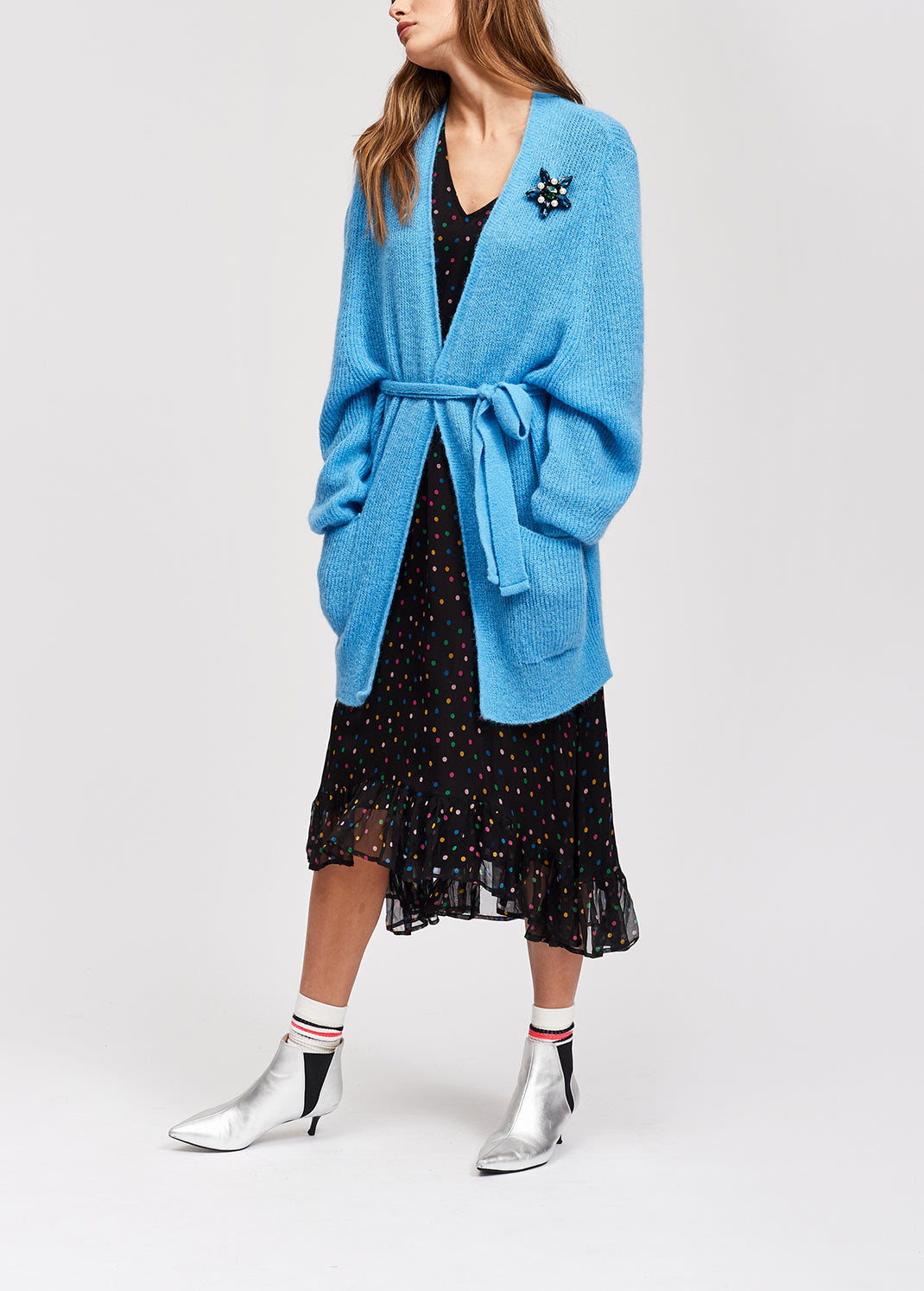 Light blue mohair blend cardigan with belt RE—SSENTIEL | Essentiel second hand