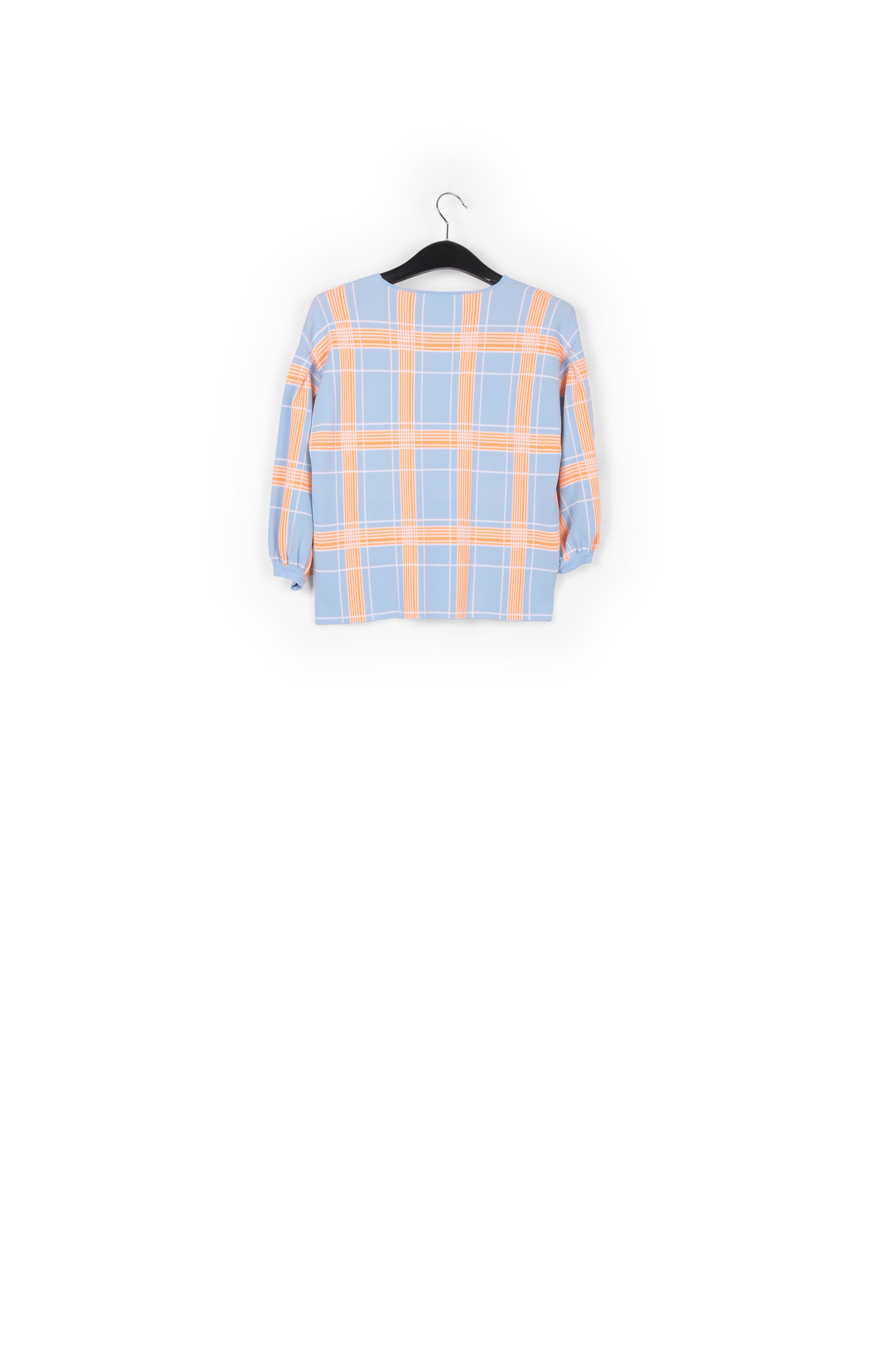 Light blue puffed sleeve knitted top with check motif RE—SSENTIEL | Essentiel second hand