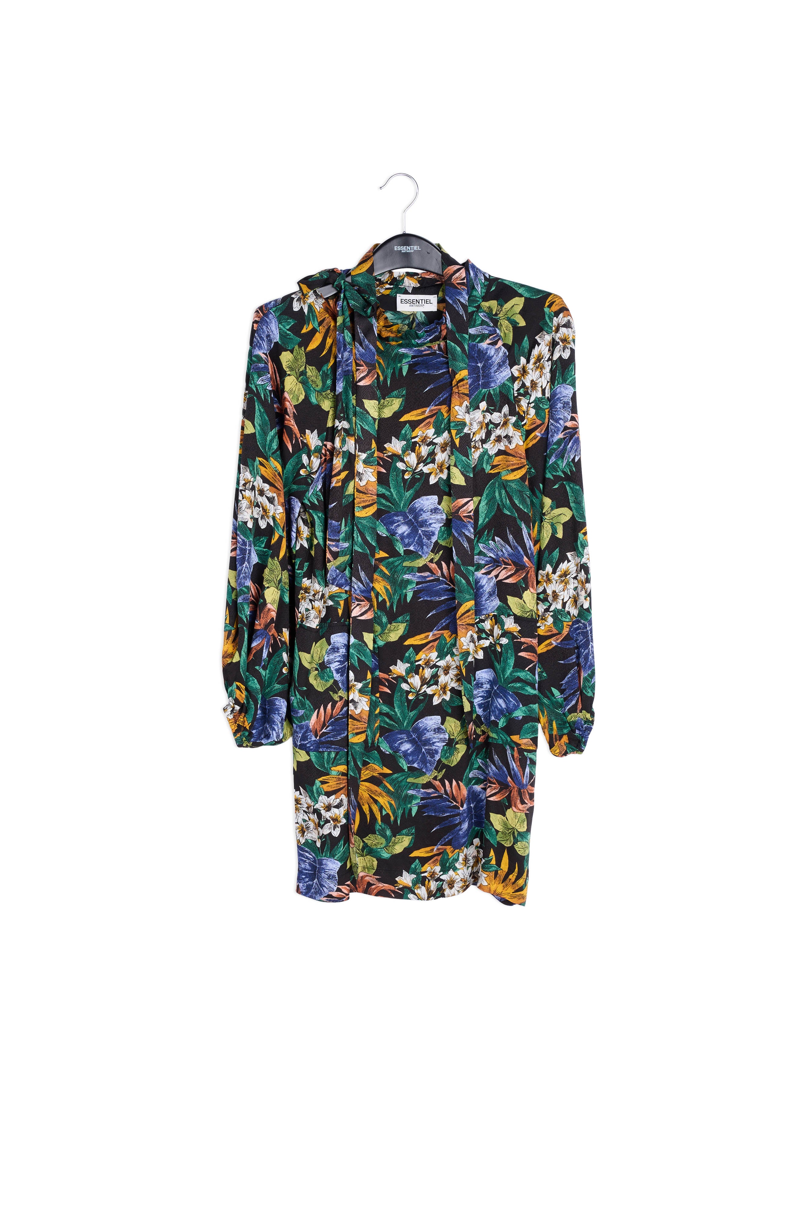 Black floral-print mini dress with pussy-bow RE—SSENTIEL | Essentiel second hand