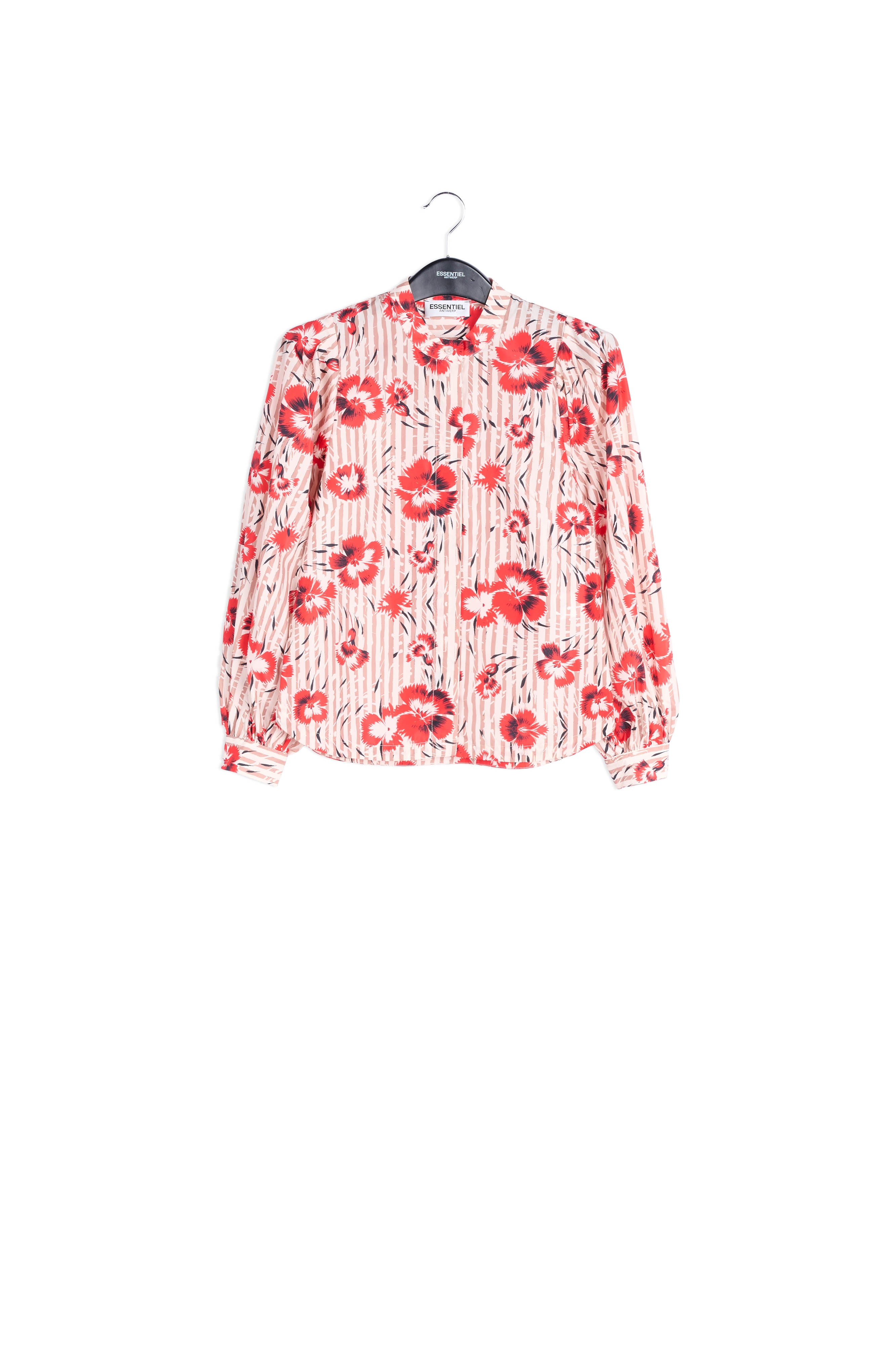Stripe and red floral print puffed-sleeve top RE—SSENTIEL | Essentiel second hand