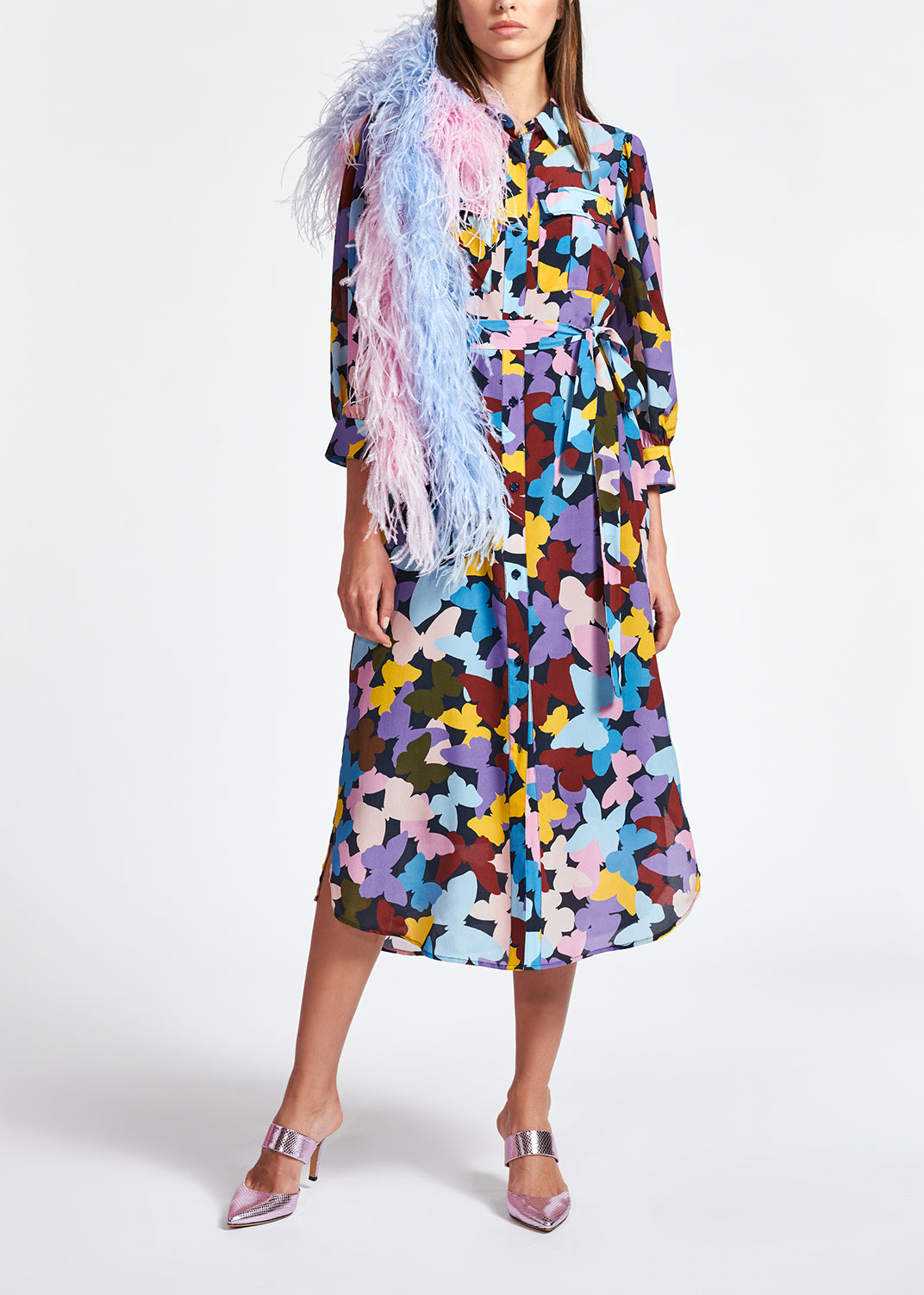Silk burgundy, lilac and blue butterfly-print midi dress RE—SSENTIEL | Essentiel second hand