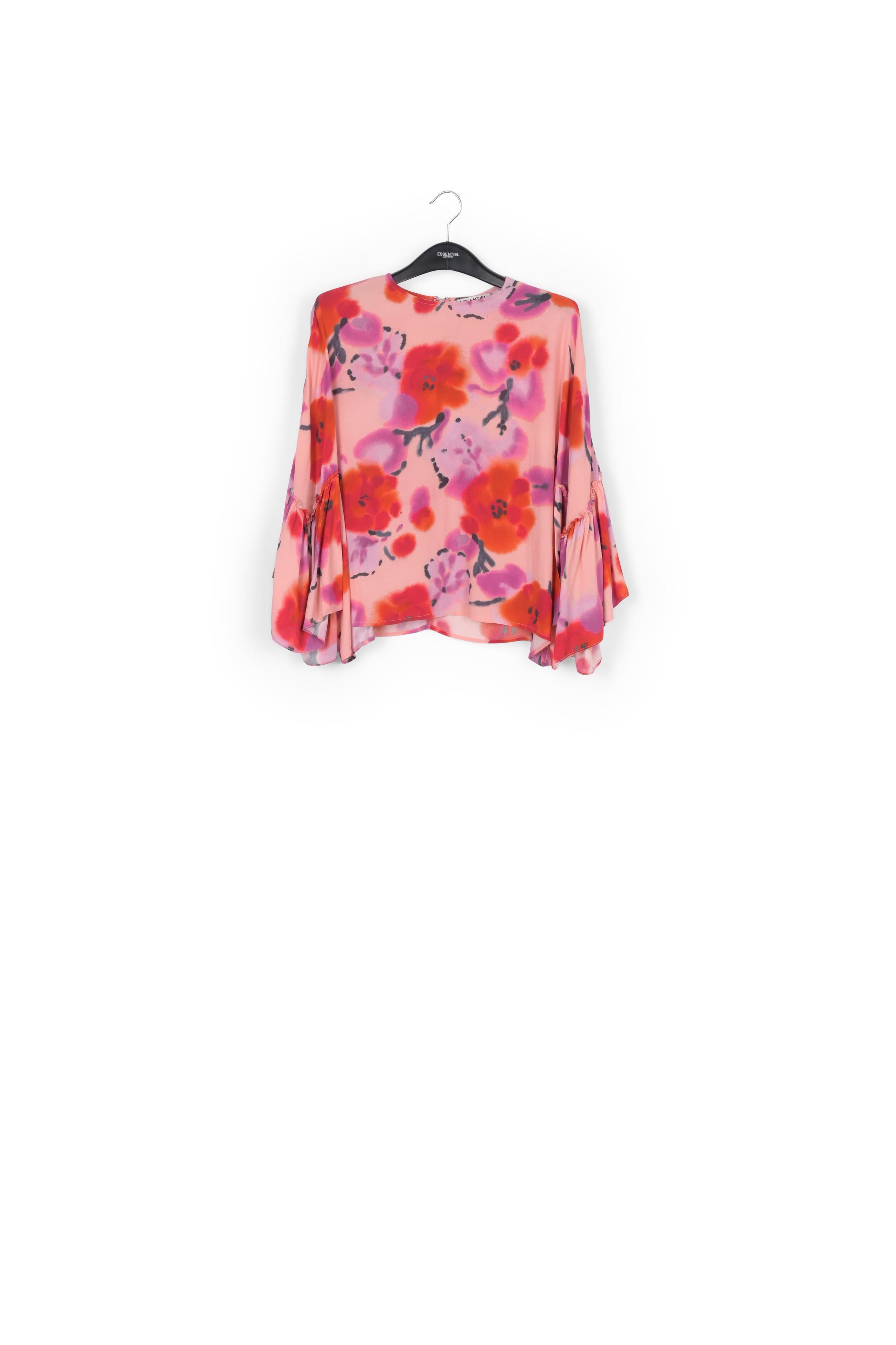 Light pink, red and purple floral printed top with ruffled sleeves RE—SSENTIEL | Essentiel second hand