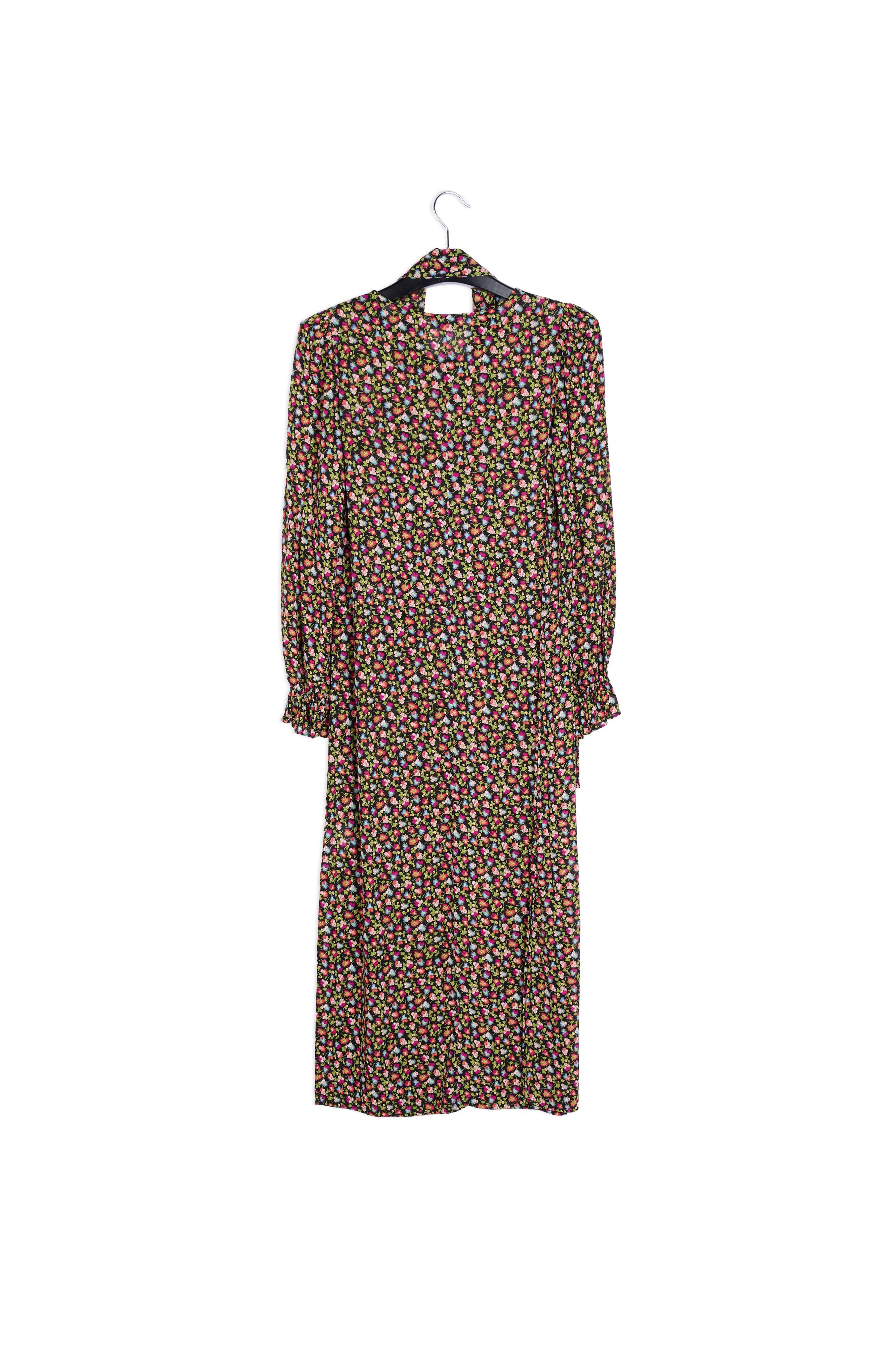 Midi-jurk met riem en zwarte, lichtgroene en fuchsia bloemenprint RE—SSENTIEL | Essentiel second hand