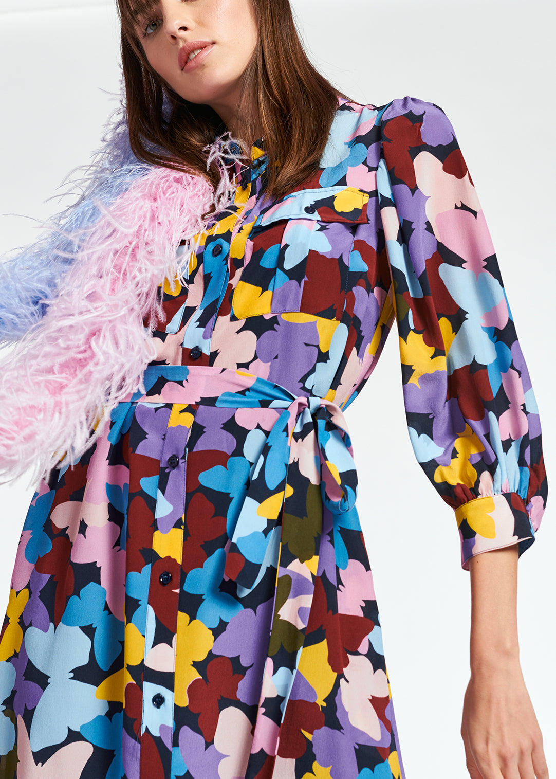 Silk burgundy, lilac and blue butterfly-print midi dress RE—SSENTIEL | Essentiel second hand