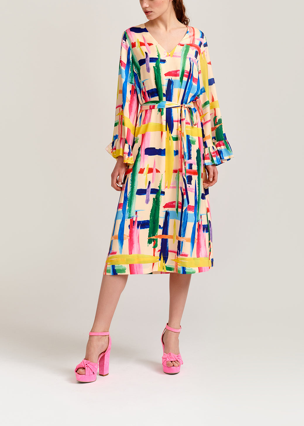 Multicolored graphic striped belted midi dress RE—SSENTIEL | Essentiel second hand