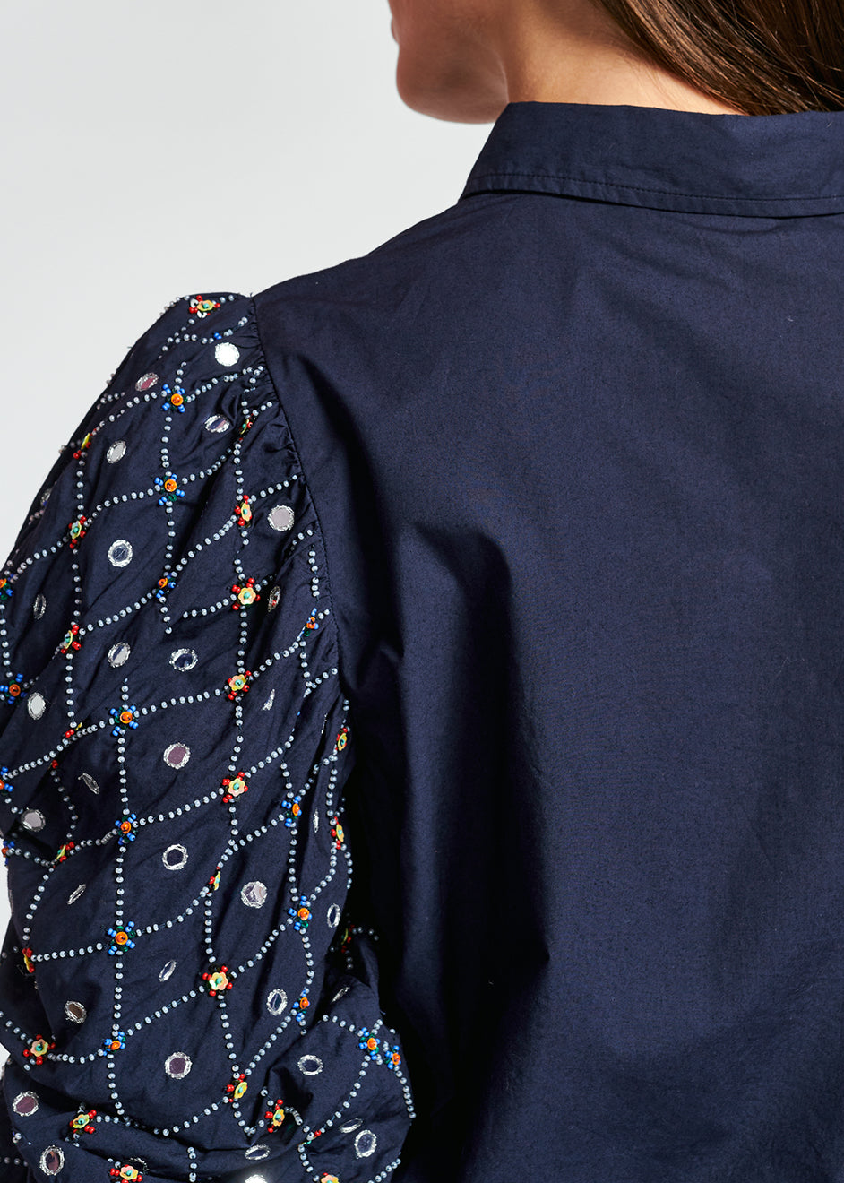 Dark blue mirror-embroidered puffed-sleeve shirt RE—SSENTIEL | Essentiel second hand