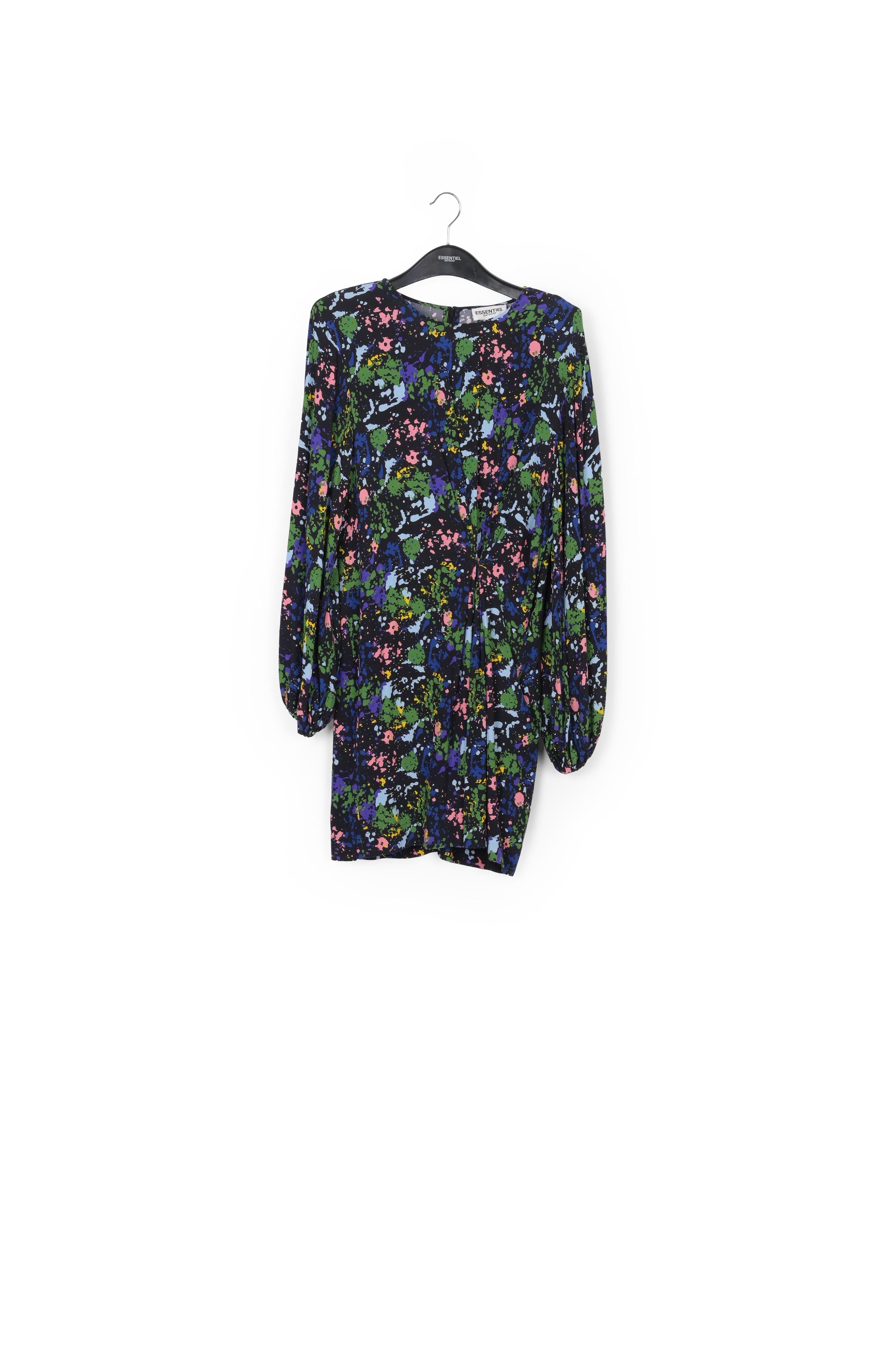 Mini-robe noire et bleue fleurie à taille cintrée RE—SSENTIEL | Essentiel second hand