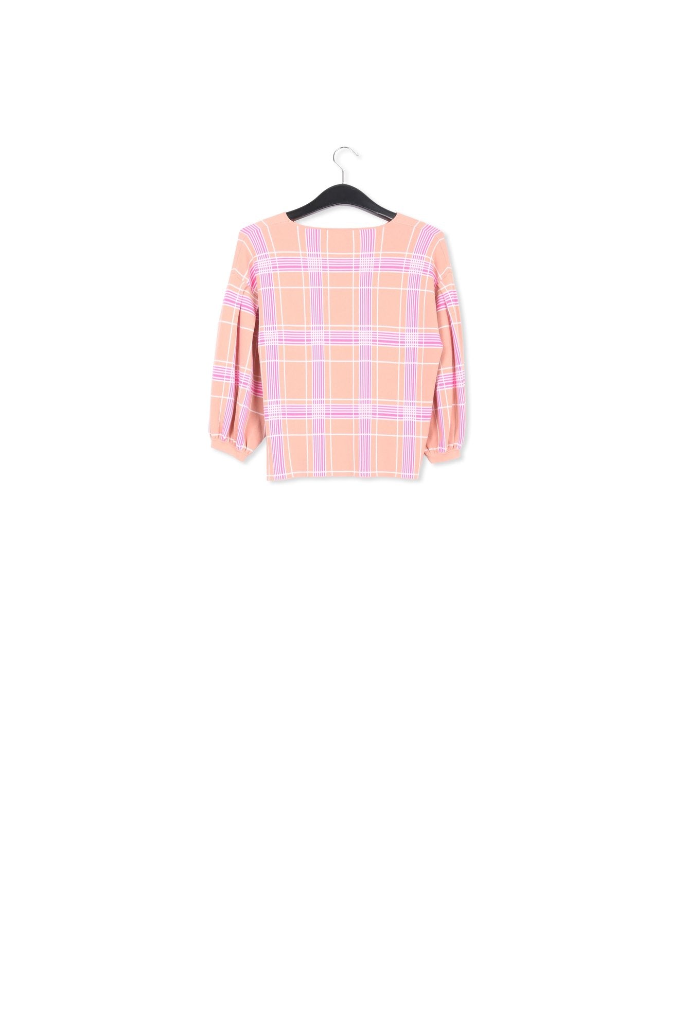 Vintage pink puffed sleeve knitted top with check motif RE—SSENTIEL | Essentiel second hand