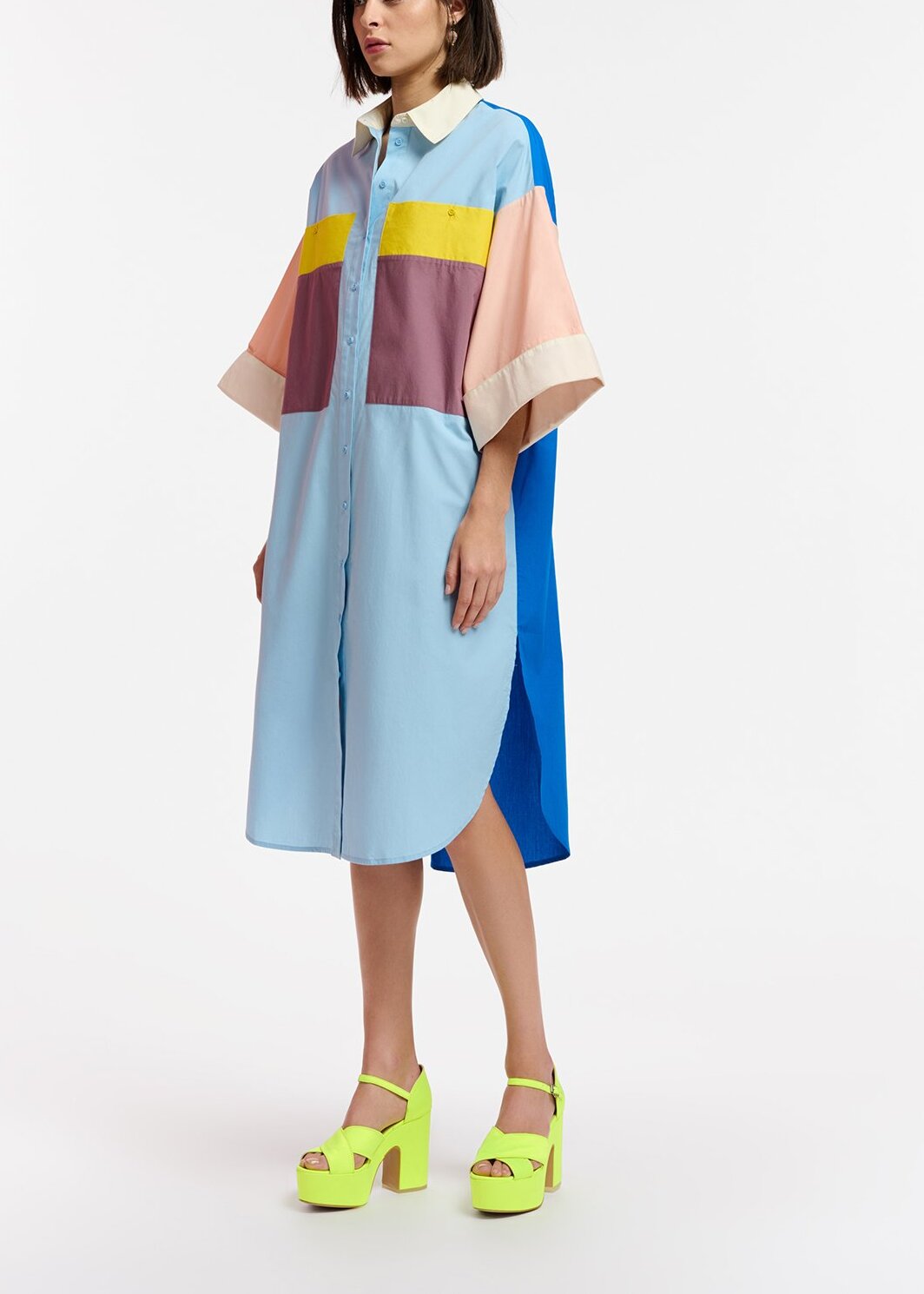 Blue, mauve and yellow color-blocking shirt dress RE—SSENTIEL | Essentiel second hand