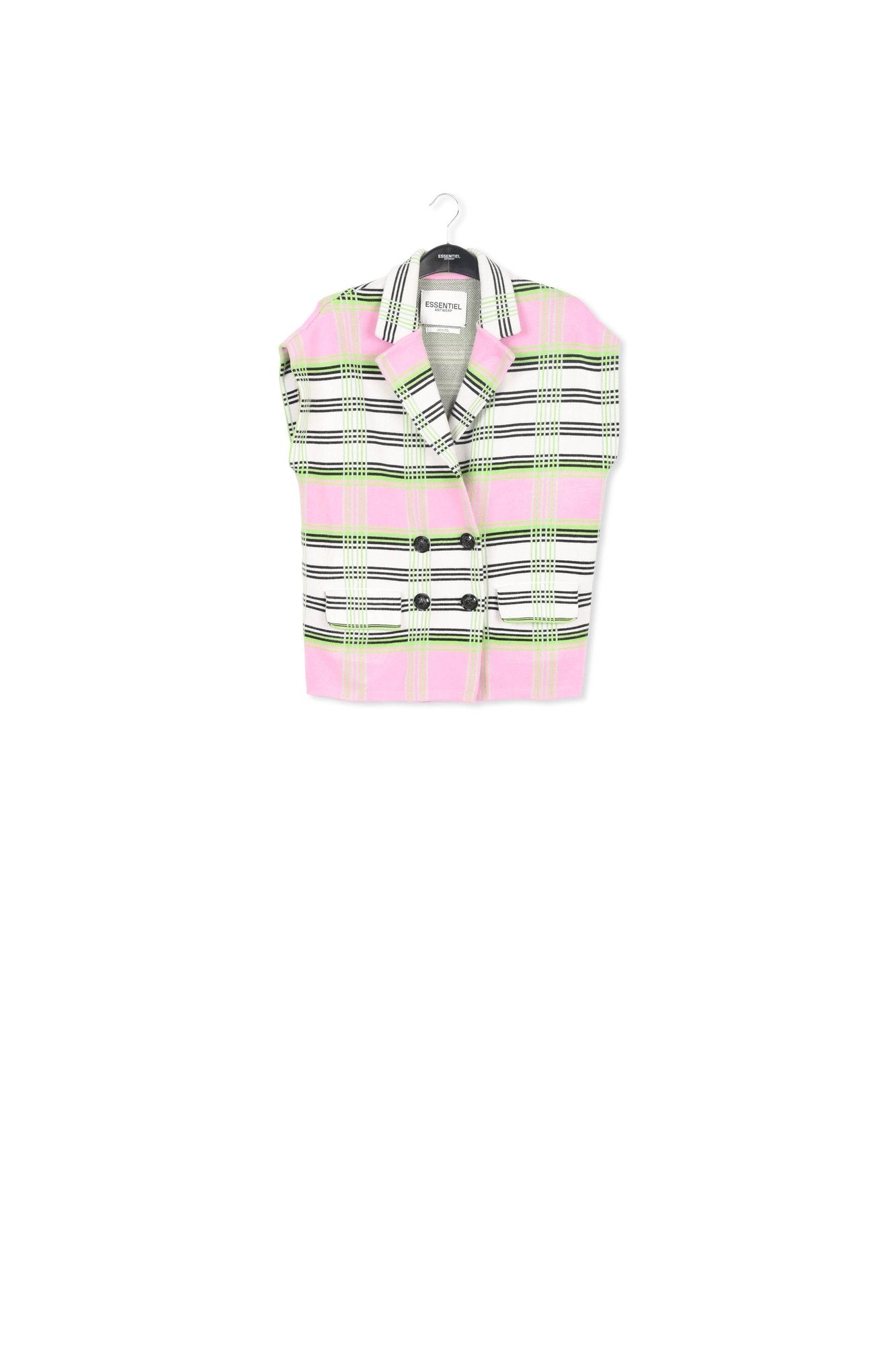Off-white, pink and green checked sleeveless cardigan RE—SSENTIEL | Essentiel second hand
