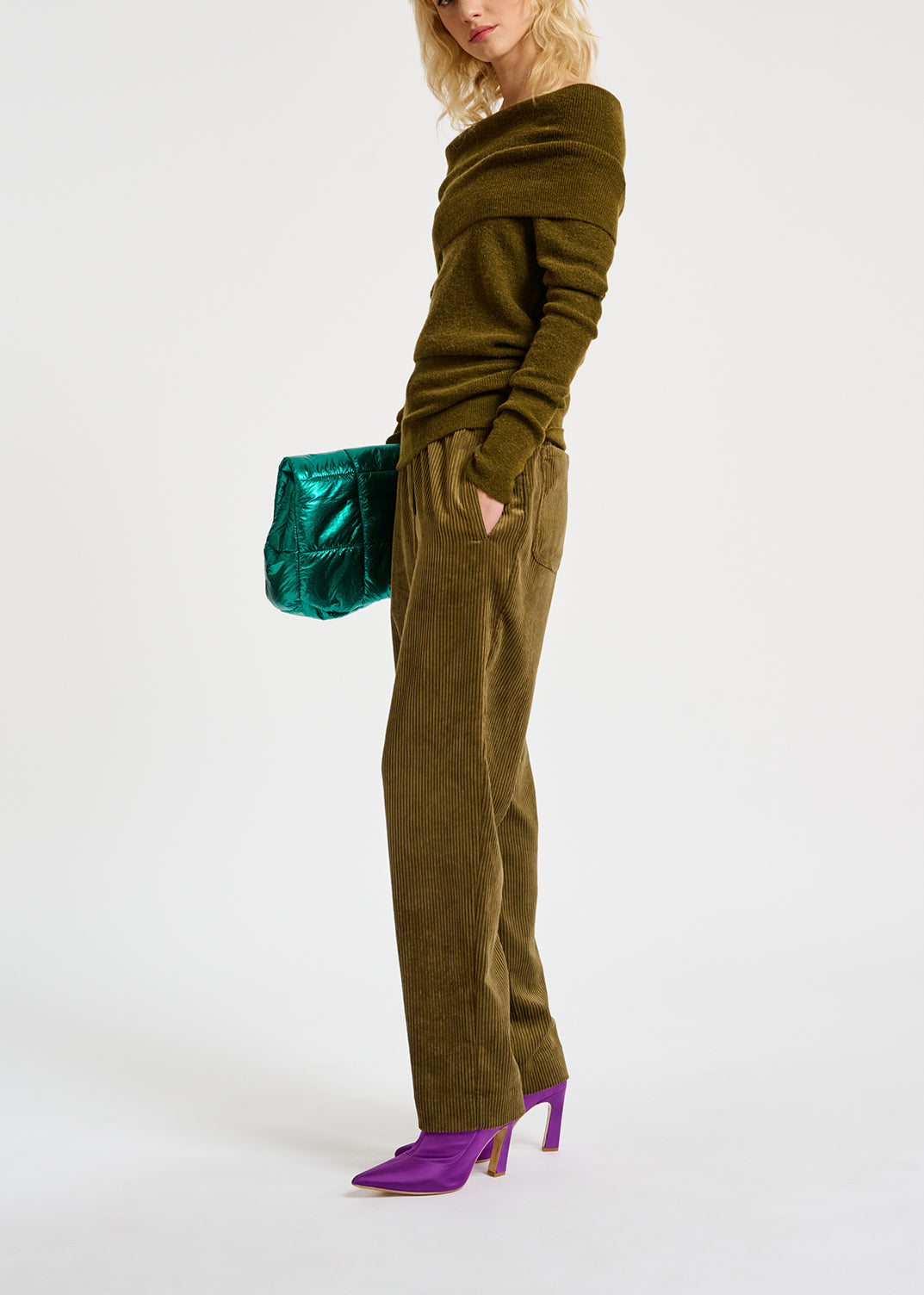 Khaki off-the-shoulder knit sweater RE—SSENTIEL | Essentiel second hand