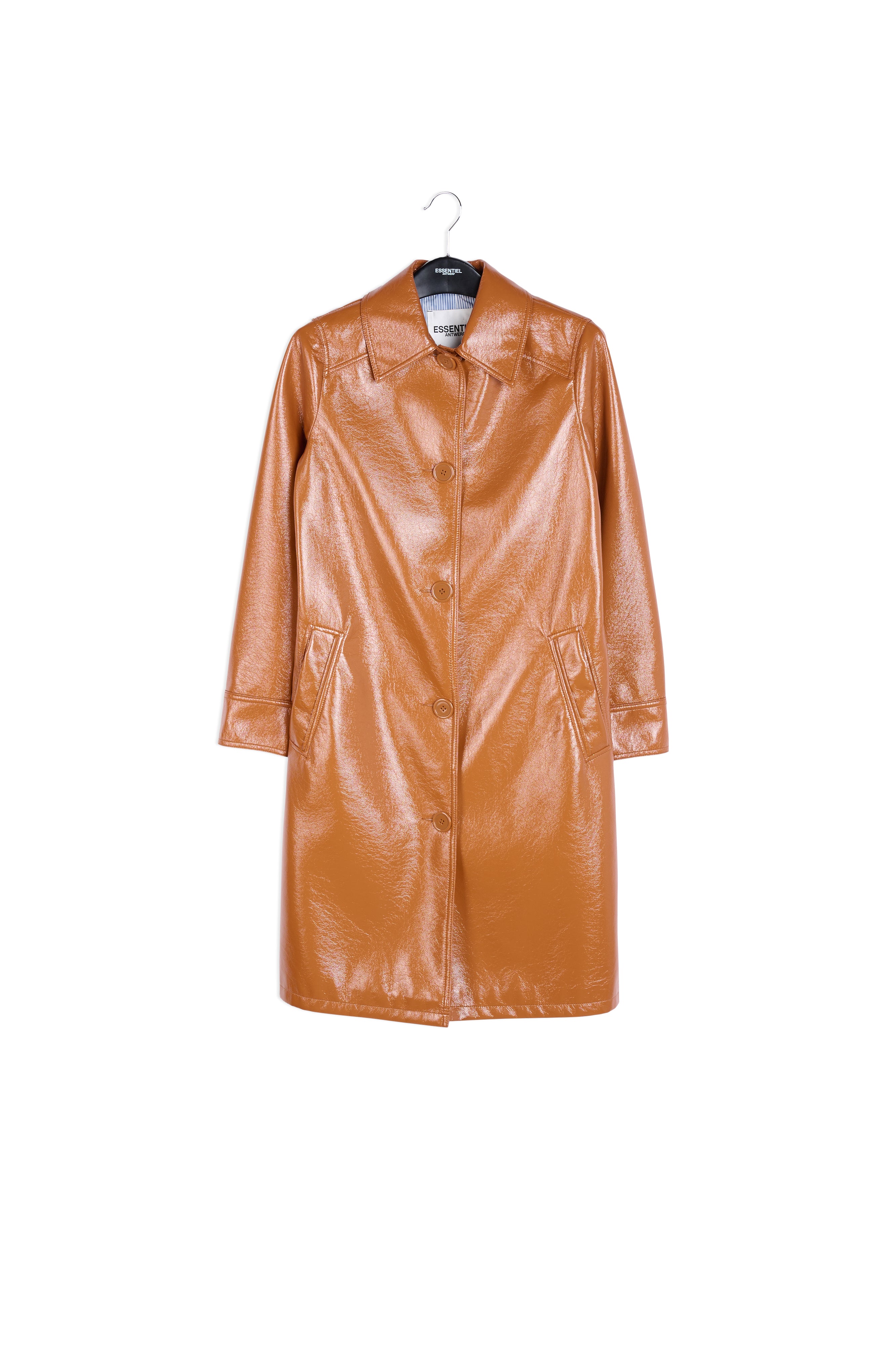 Brown faux patent-leather trench coat RE—SSENTIEL | Essentiel second hand