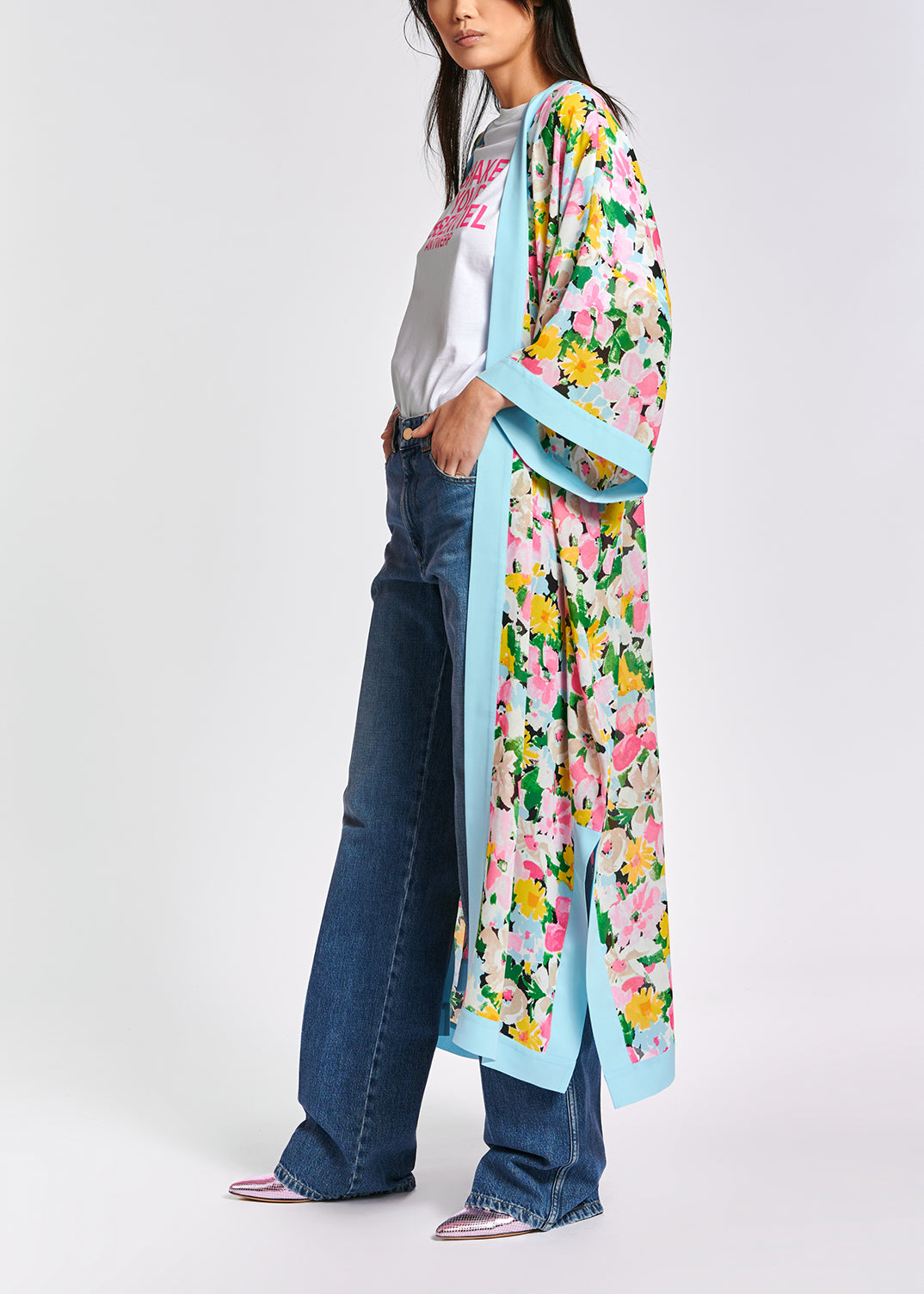 Light blue, pink and green floral kimono RE—SSENTIEL | Essentiel second hand