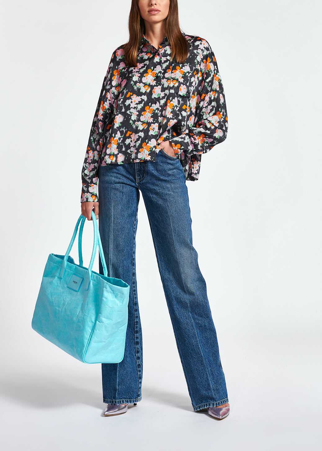 Donkerblauw bloemenhemd met wijde snit RE—SSENTIEL | Essentiel second hand