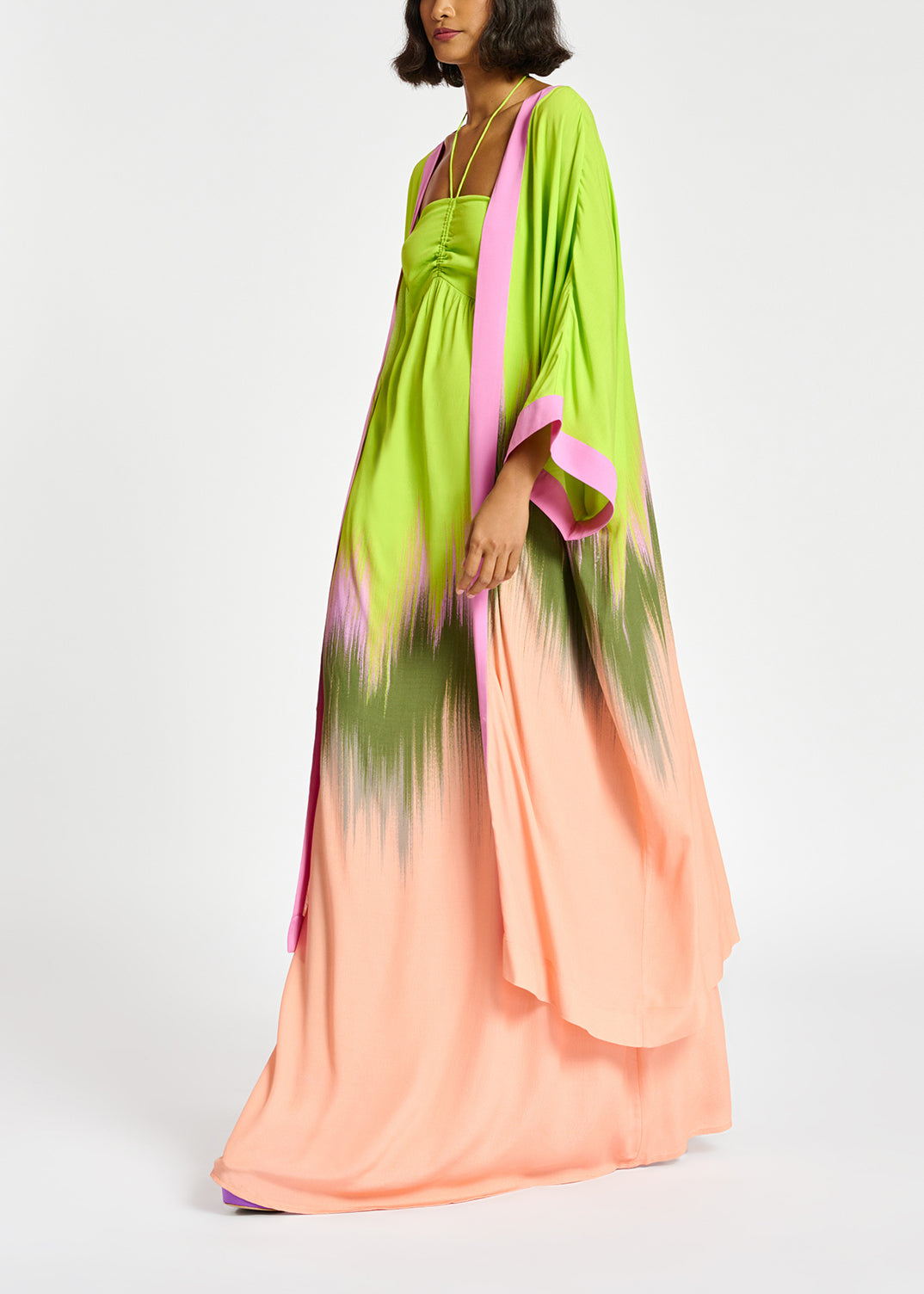 Lime green, peach and khaki kimono with dip-dyed effect RE—SSENTIEL | Essentiel second hand
