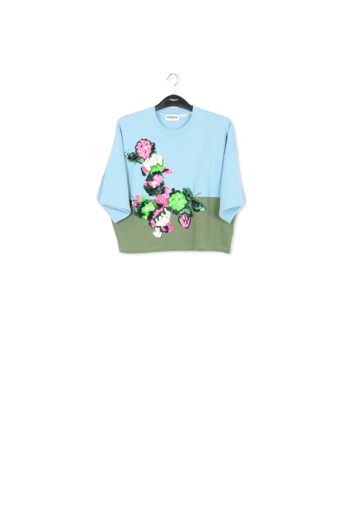 Sweatshirt bleu et vert foncé à manches courtes et paillettes RE—SSENTIEL | Essentiel second hand