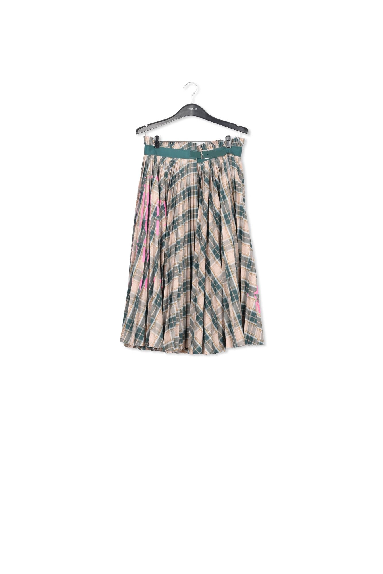 Beige and dark green checked pleated skirt with floral print RE—SSENTIEL | Essentiel second hand