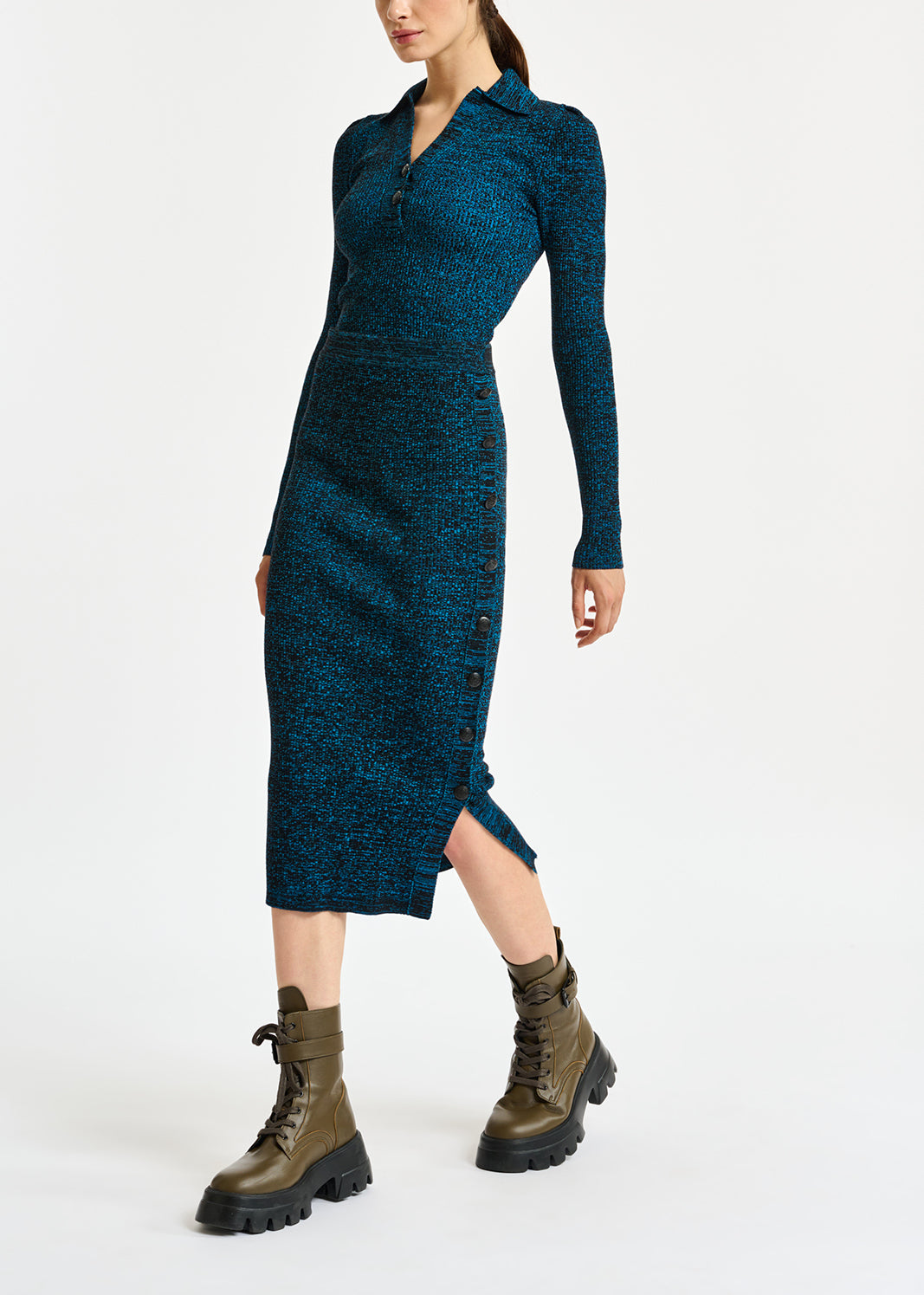 Blue and black mélange ribbed-knit midi skirt RE—SSENTIEL | Essentiel second hand