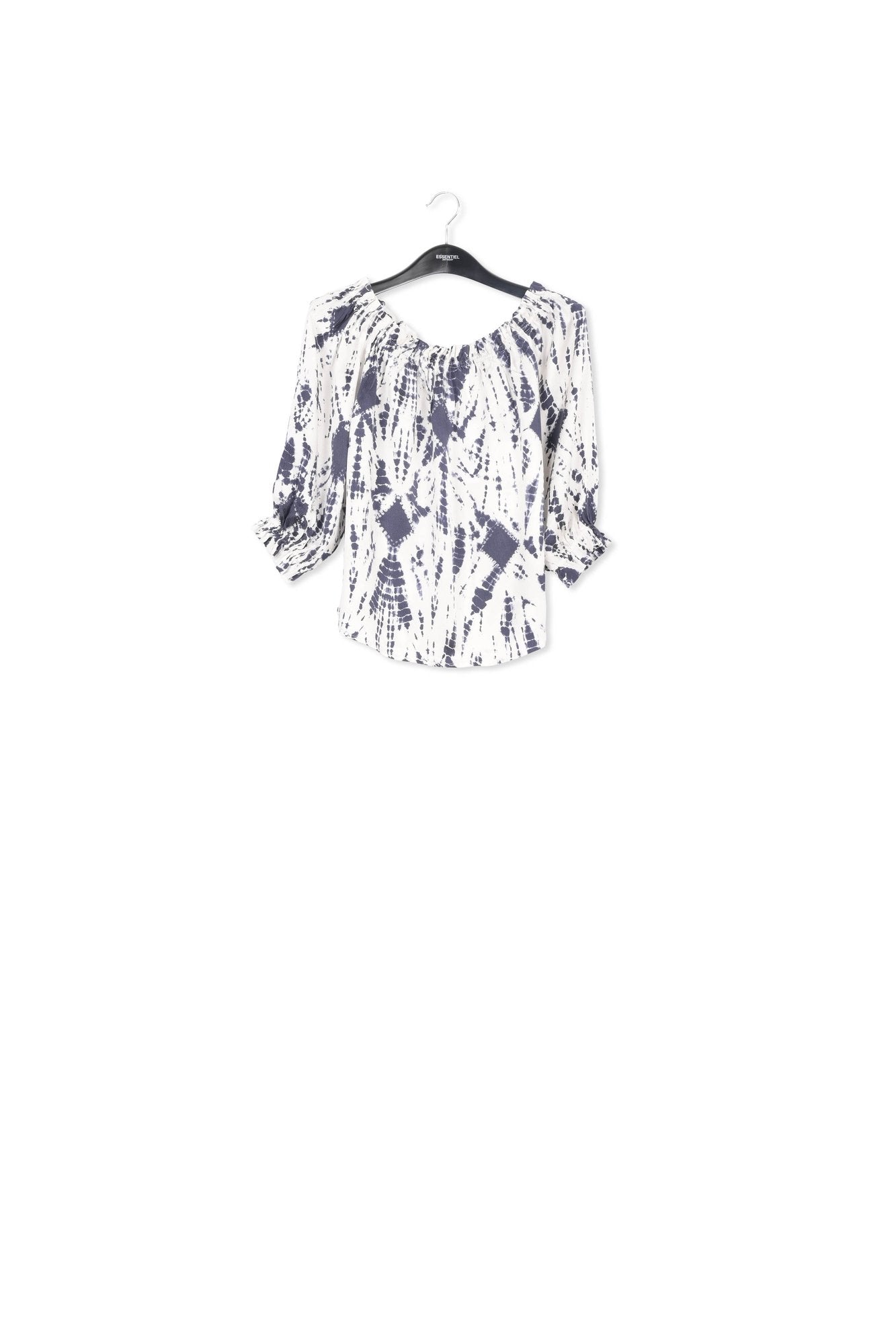 Off-white and dark blue tie-dyed off-the-shoulder silk top RE—SSENTIEL | Essentiel second hand