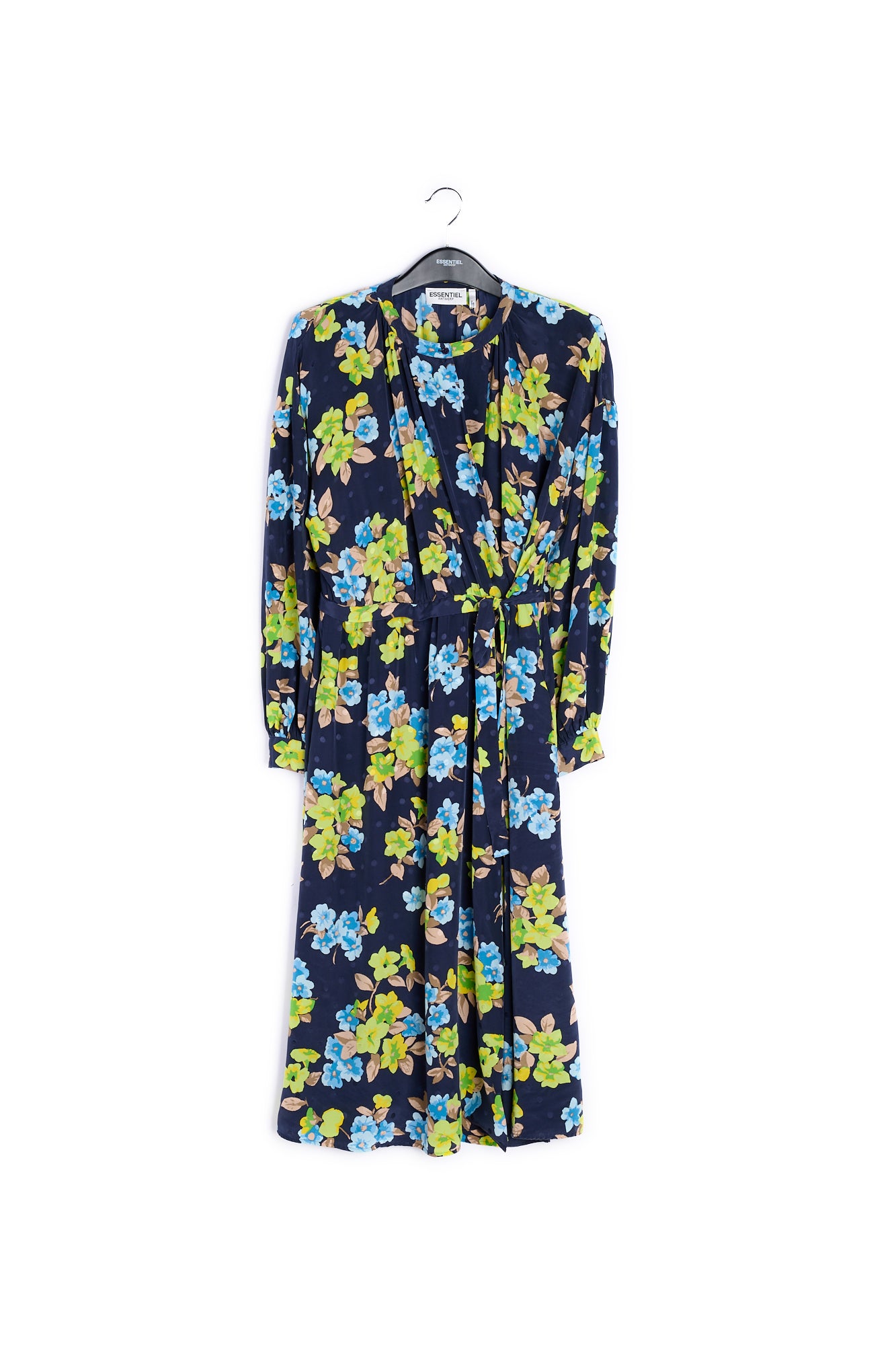 Donkerblauwe zijden hemdjurk met bloemen en stippen RE—SSENTIEL | Essentiel second hand