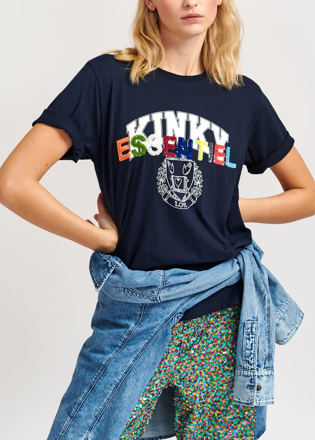 Navy blue cotton-jersey t-shirt with varsity print and sequins RE—SSENTIEL | Essentiel second hand