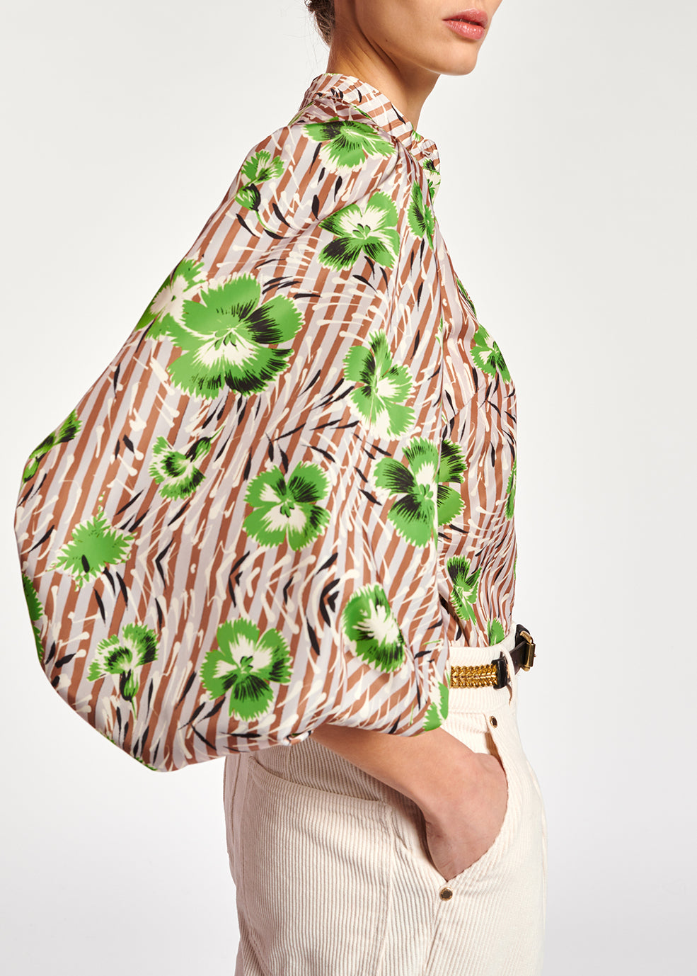 Stripe and green floral print puffed-sleeve top RE—SSENTIEL | Essentiel second hand