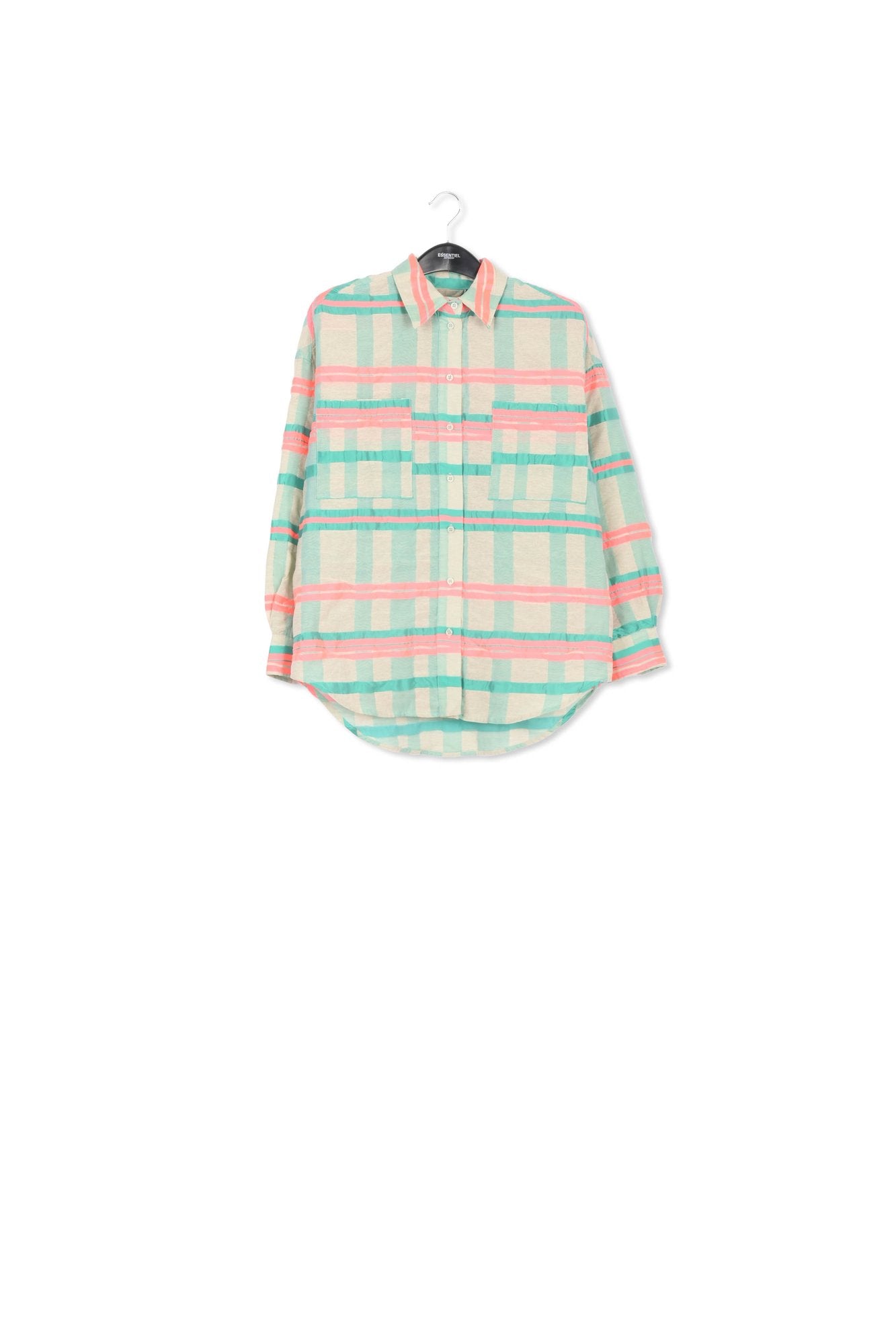 Light blue, turquoise and neon pink oversized shirt with check motif RE—SSENTIEL | Essentiel second hand