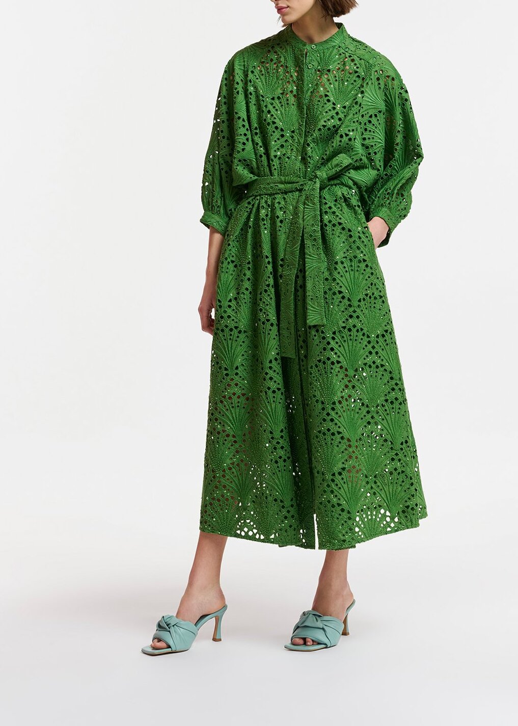 Robe midi vert foncé en broderie anglaise de coton RE—SSENTIEL | Essentiel second hand