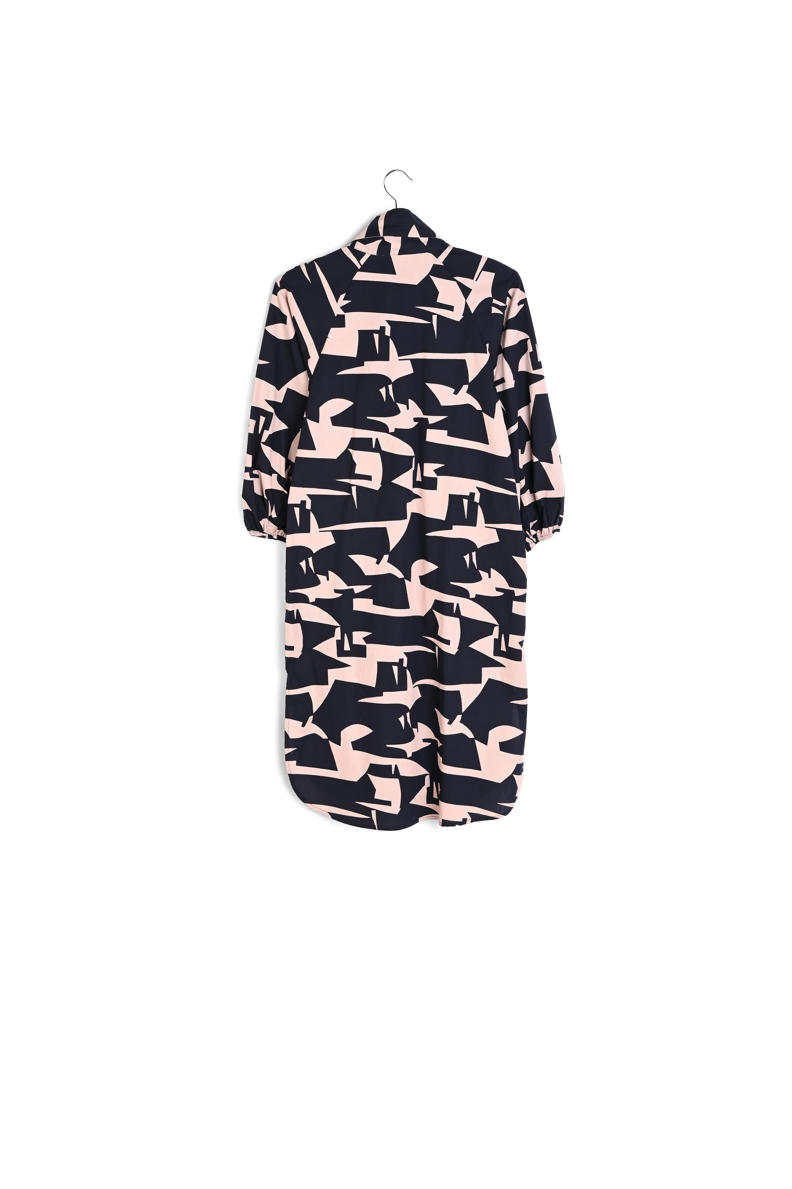 Donkerblauwe en beige hemdjurk met abstracte print RE—SSENTIEL | Essentiel second hand