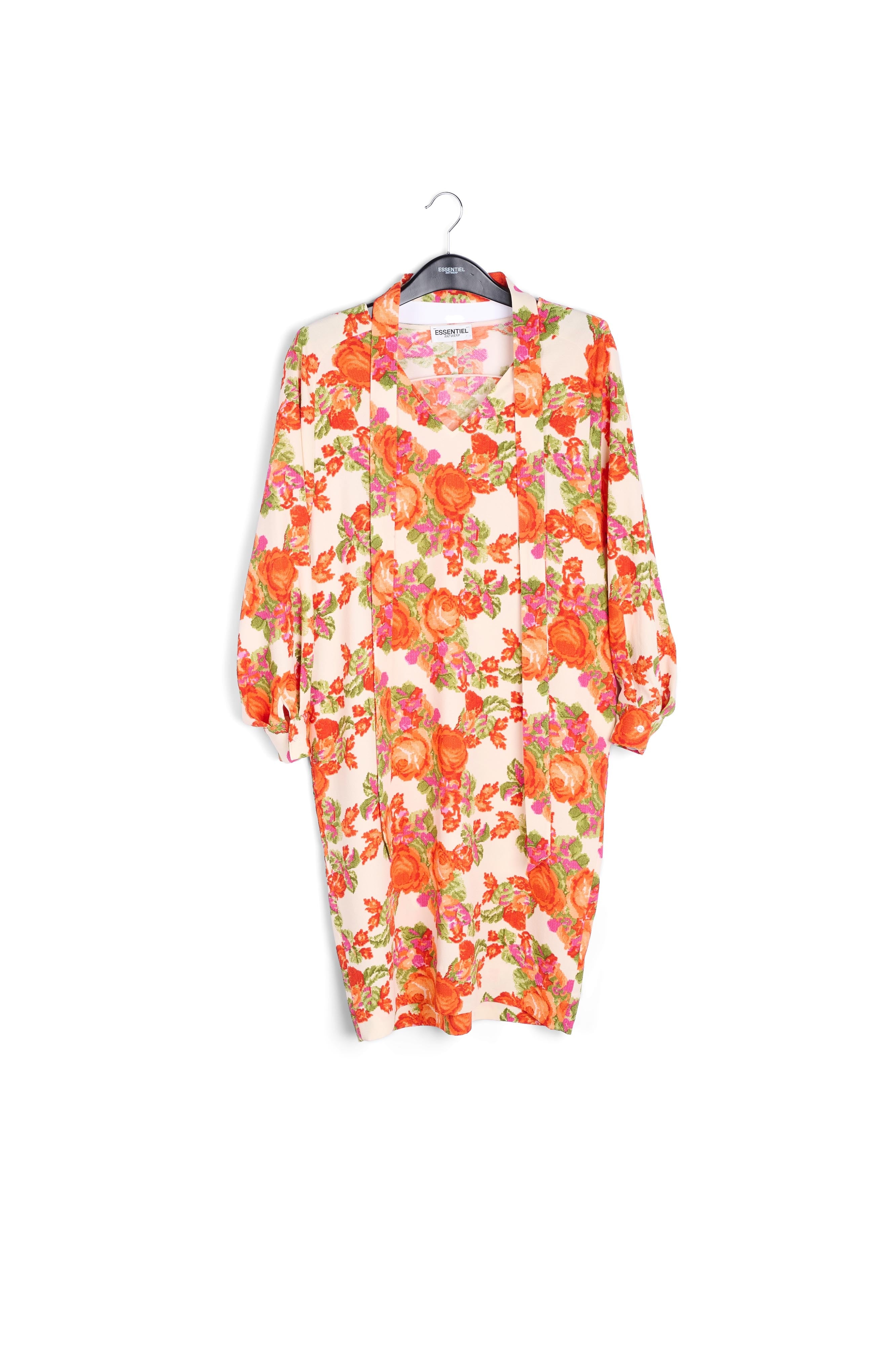 Jurk met v-hals en oranje/rode bloemenprint RE—SSENTIEL | Essentiel second hand