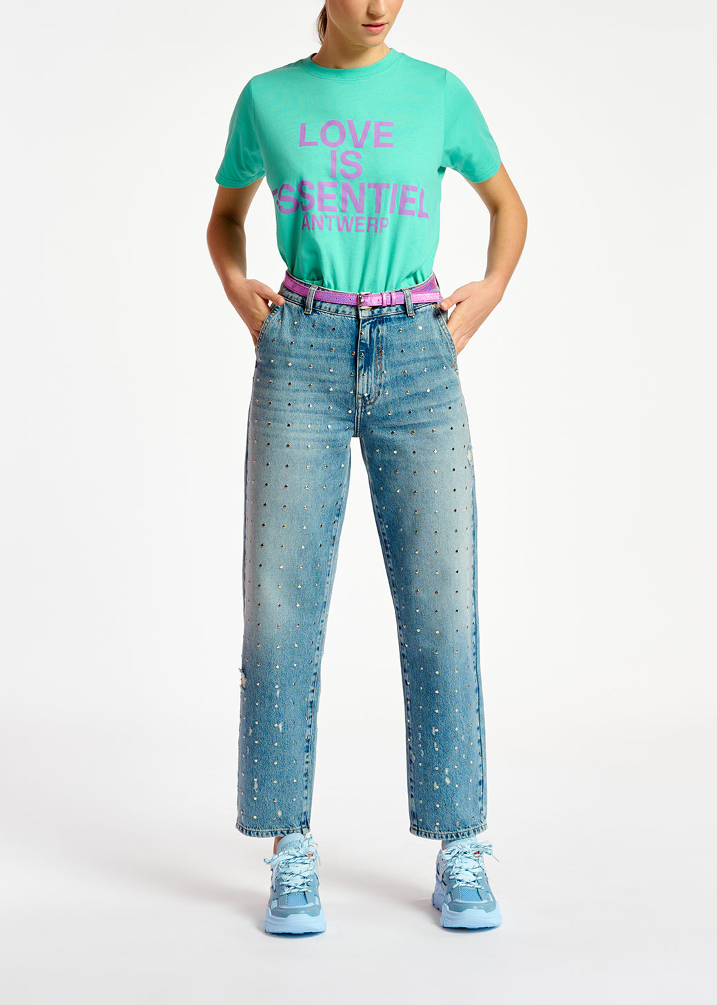 Turquoise organic cotton T-shirt with text print RE—SSENTIEL | Essentiel second hand