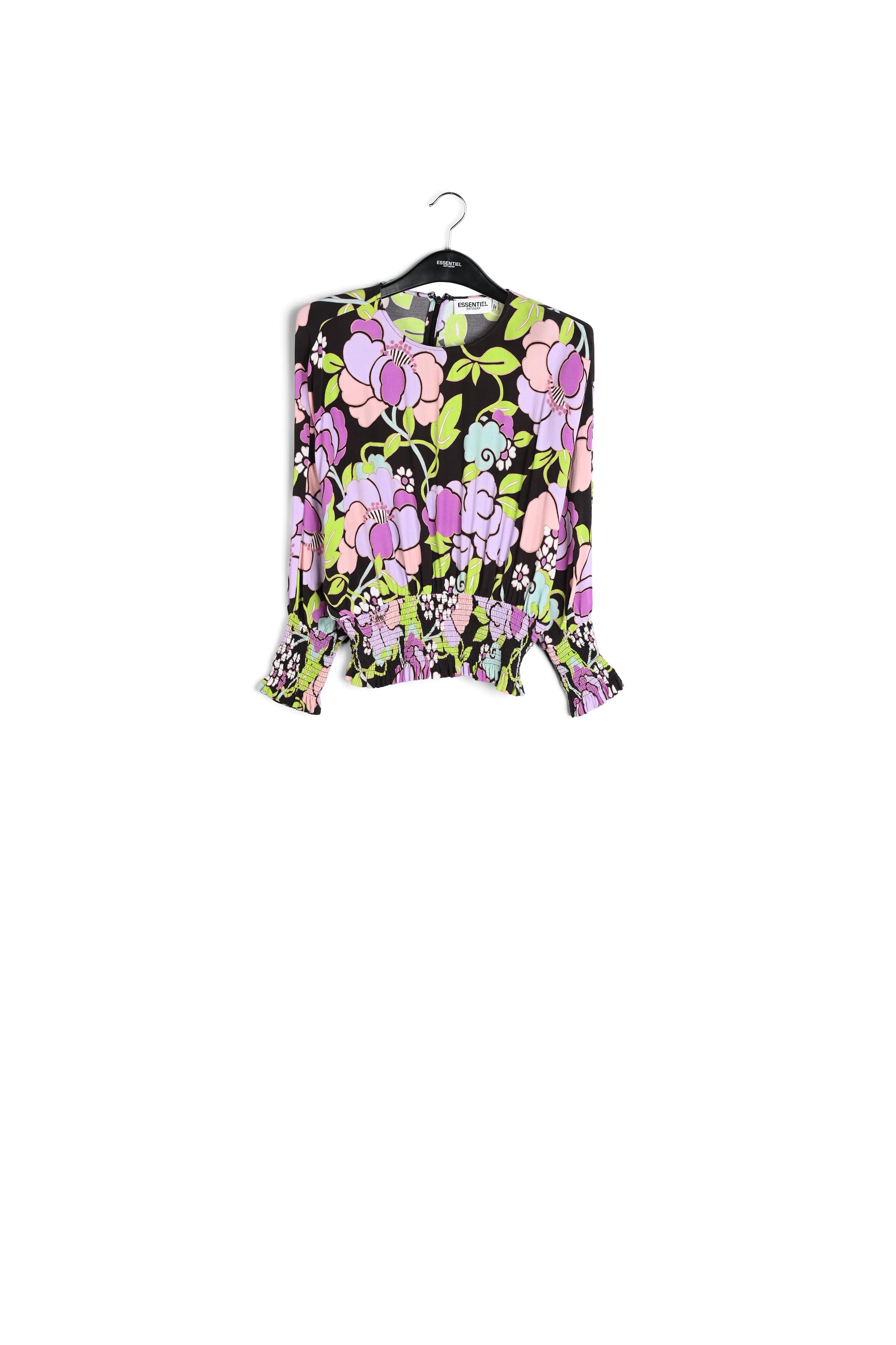 Zwarte gesmokte top met bloemenprint RE—SSENTIEL | Essentiel second hand
