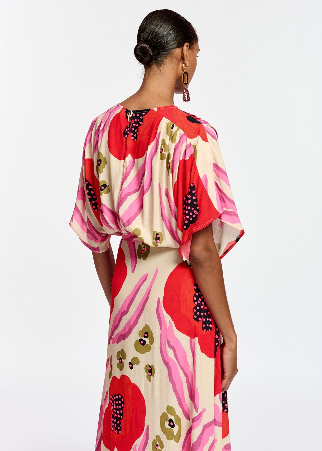 Ecru, red and pink abstract print midi-length dress RE—SSENTIEL | Essentiel second hand