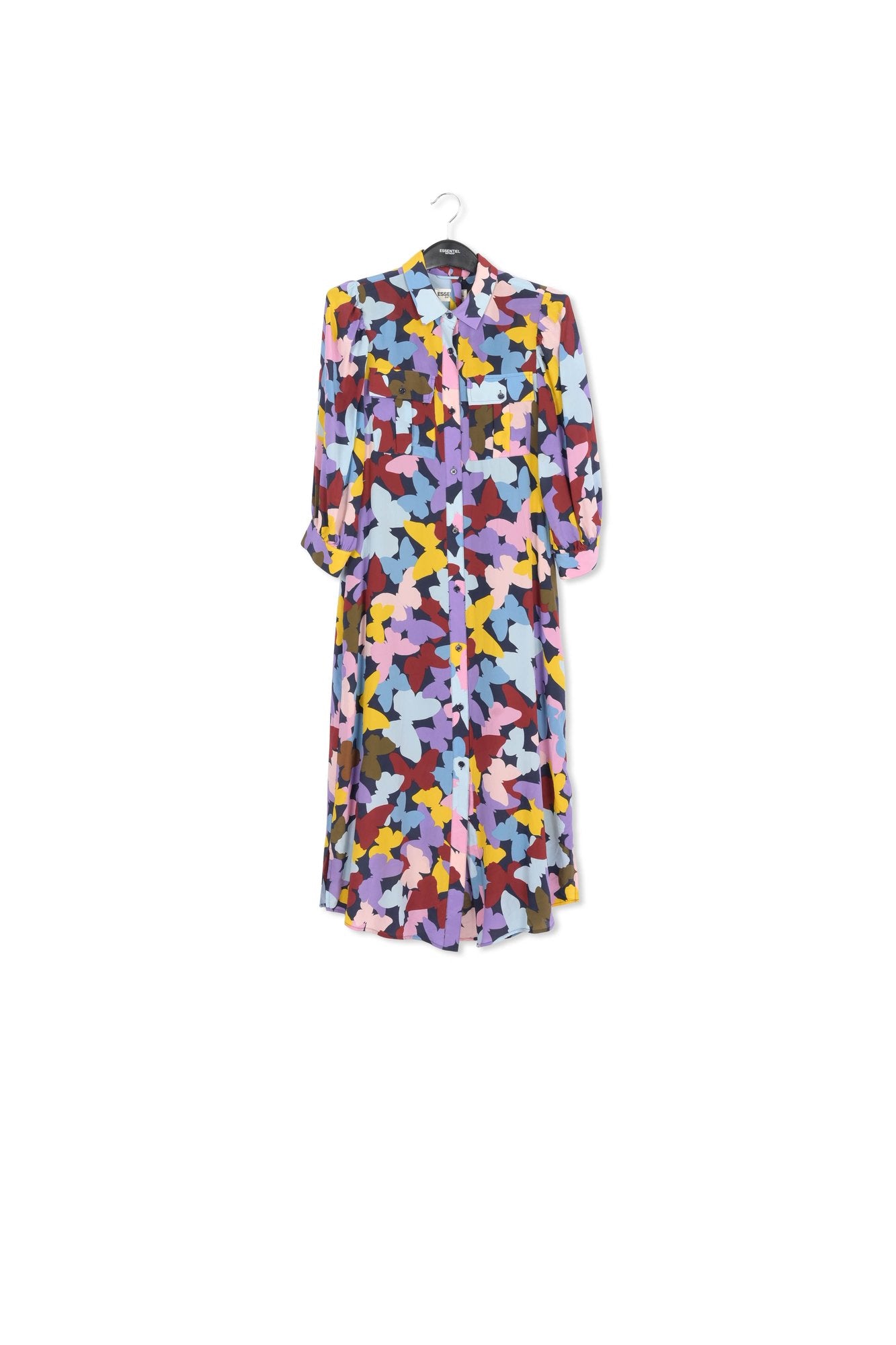 Silk burgundy, lilac and blue butterfly-print midi dress RE—SSENTIEL | Essentiel second hand