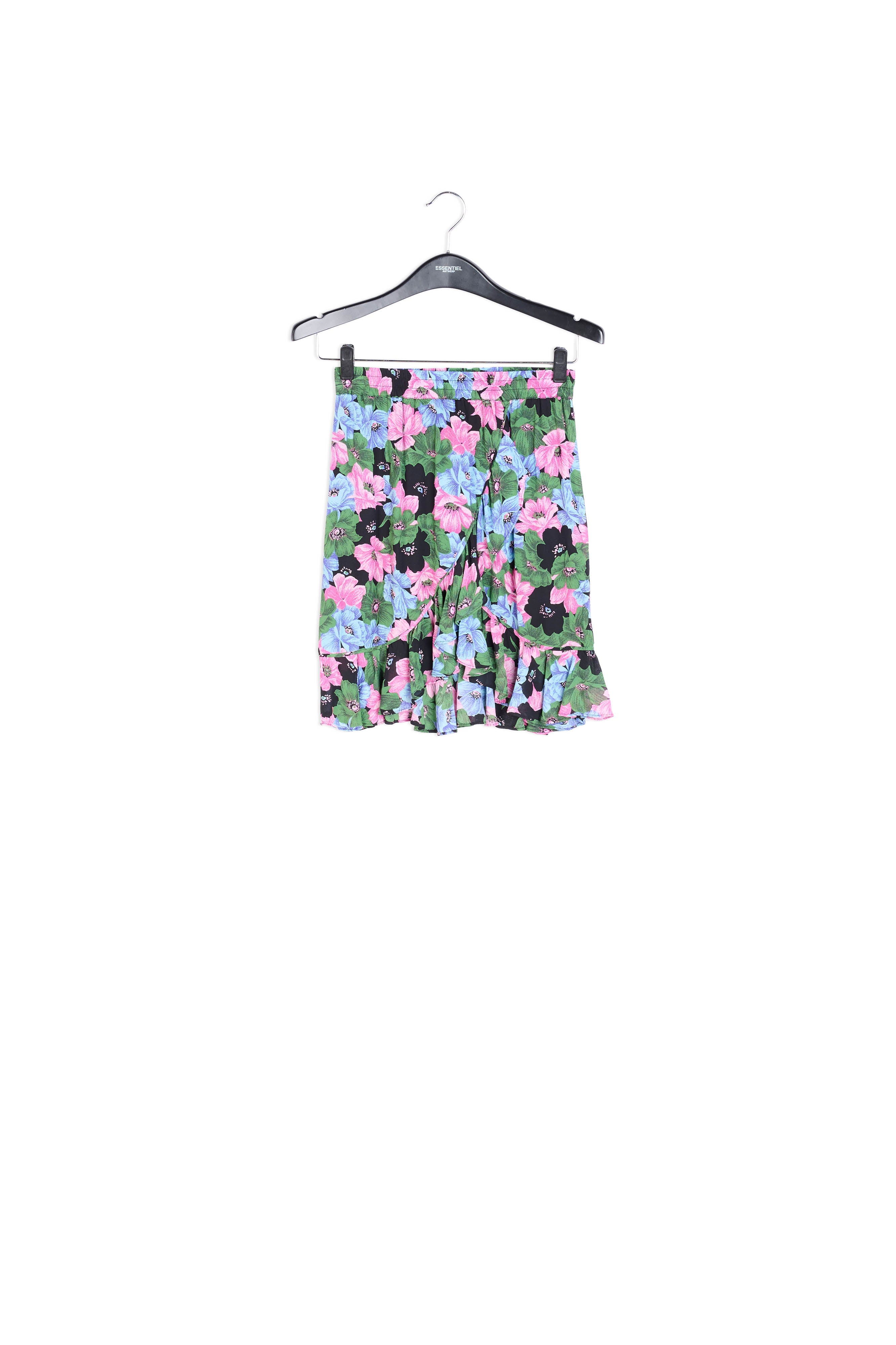 Mini-wikkelrok met zwarte, lichtgroene en fuchsia bloemenprint RE—SSENTIEL | Essentiel second hand