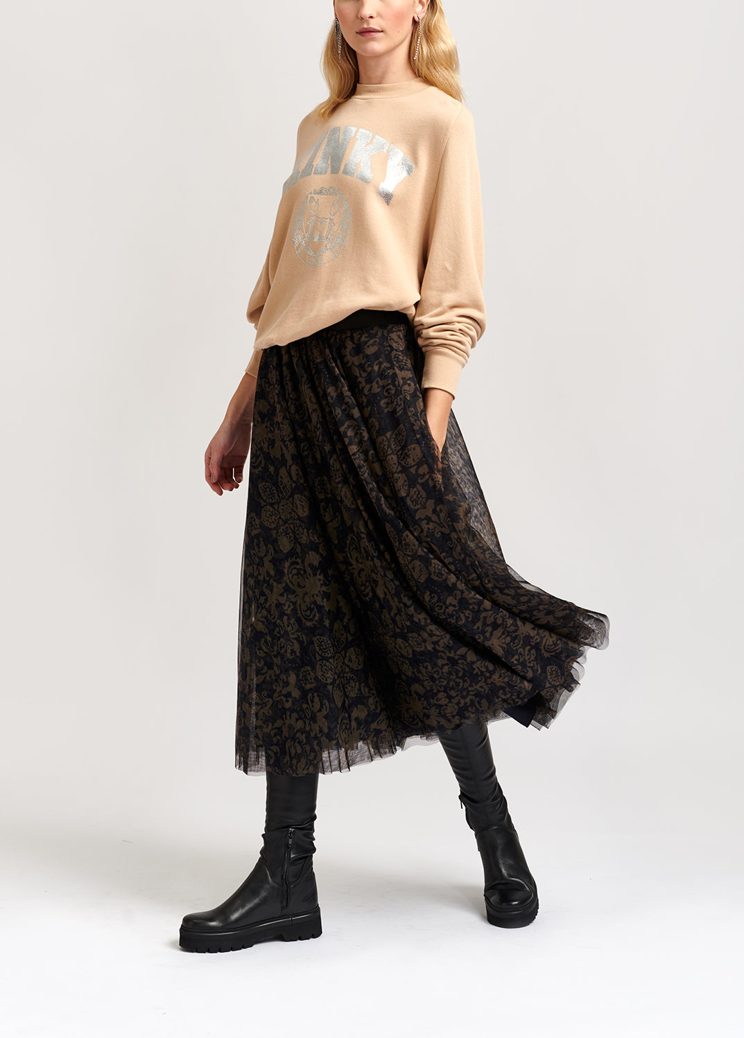 Black and khaki green brocade-print tulle midi skirt RE—SSENTIEL | Essentiel second hand
