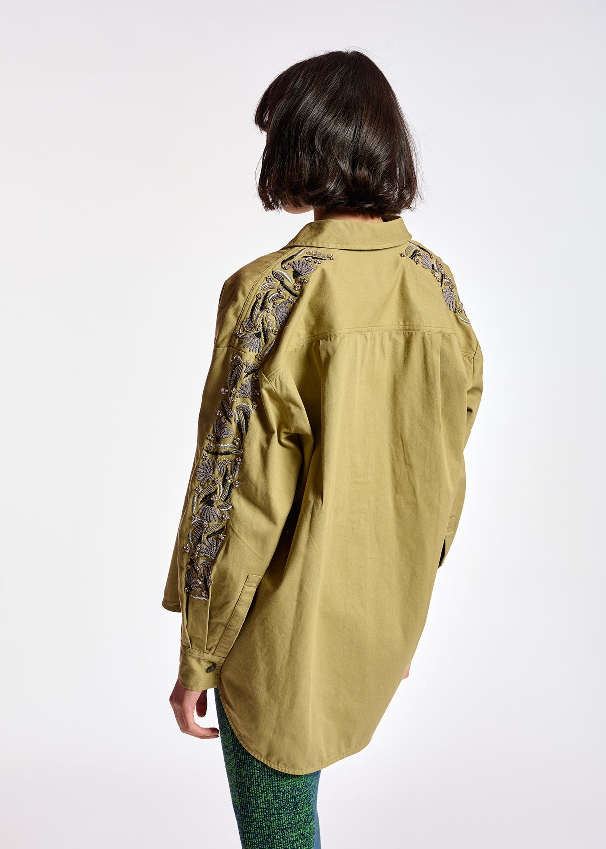 Khaki cotton shirt with bead embroidery RE—SSENTIEL | Essentiel second hand