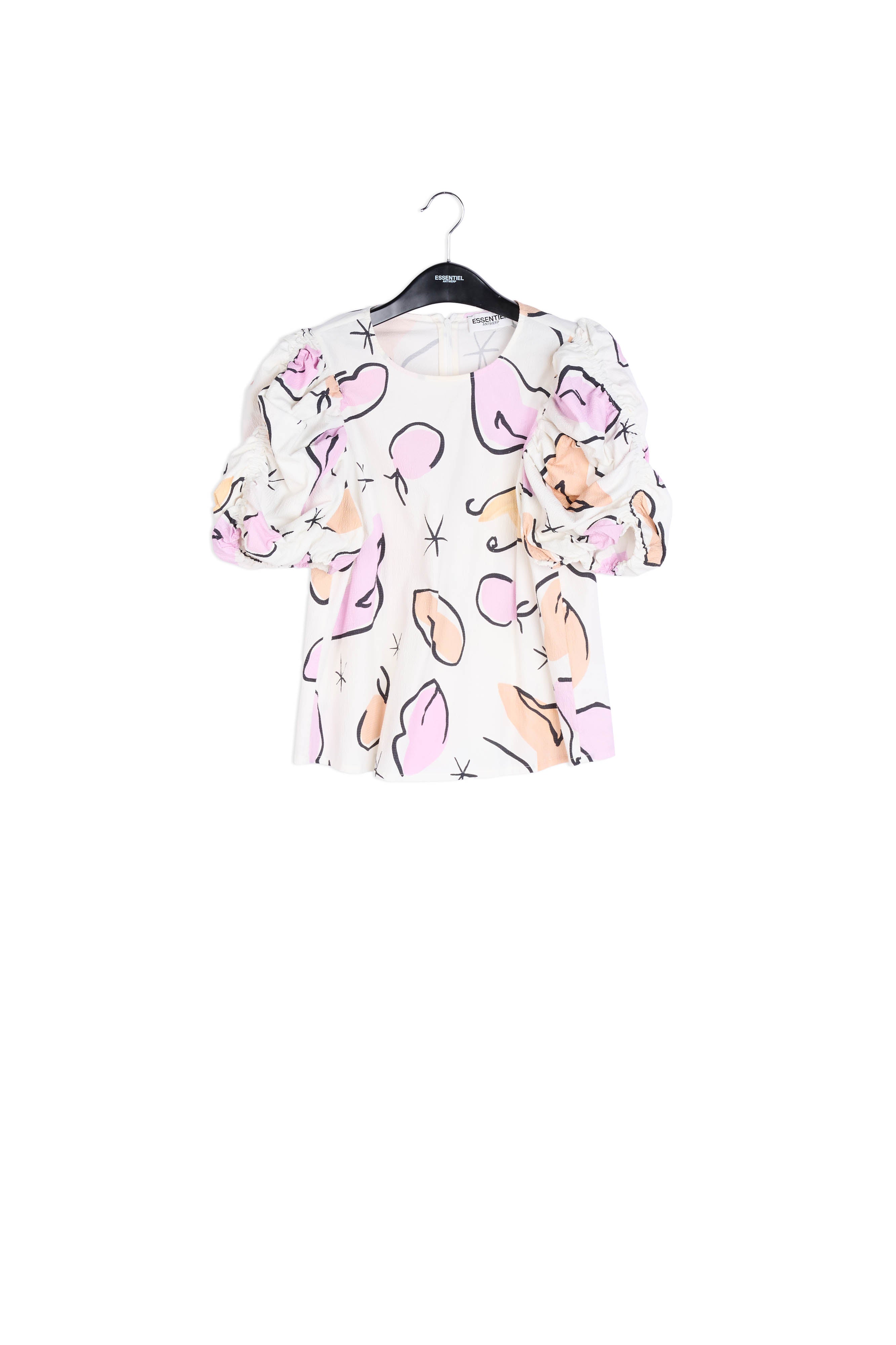 Witte top met pofmouwen en abstracte print RE—SSENTIEL | Essentiel second hand
