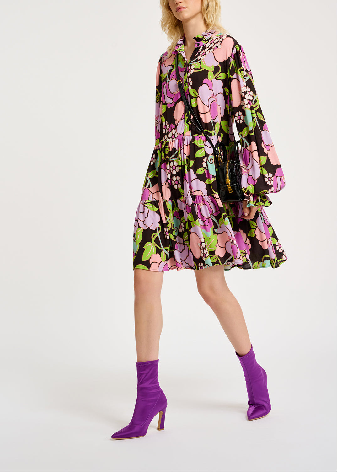 Black tiered mini dress with floral print RE—SSENTIEL | Essentiel second hand