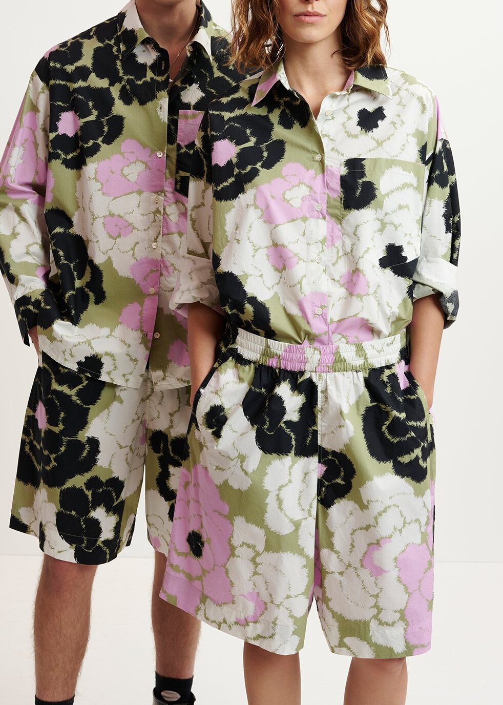 Light khaki, lilac and off-white cotton shirt with floral print RE—SSENTIEL | Essentiel second hand