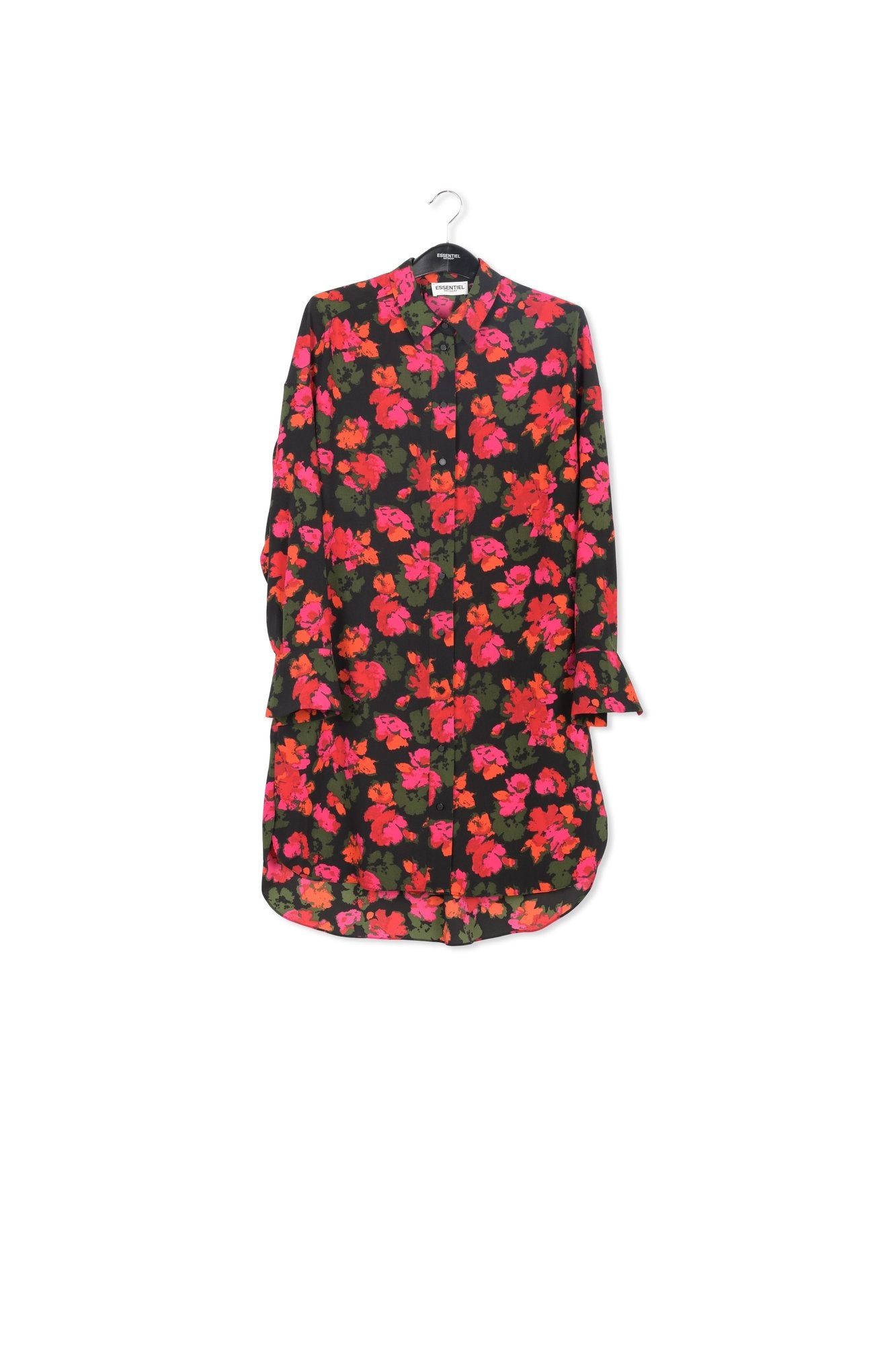 Black and red floral print midi shirt dress RE—SSENTIEL | Essentiel second hand