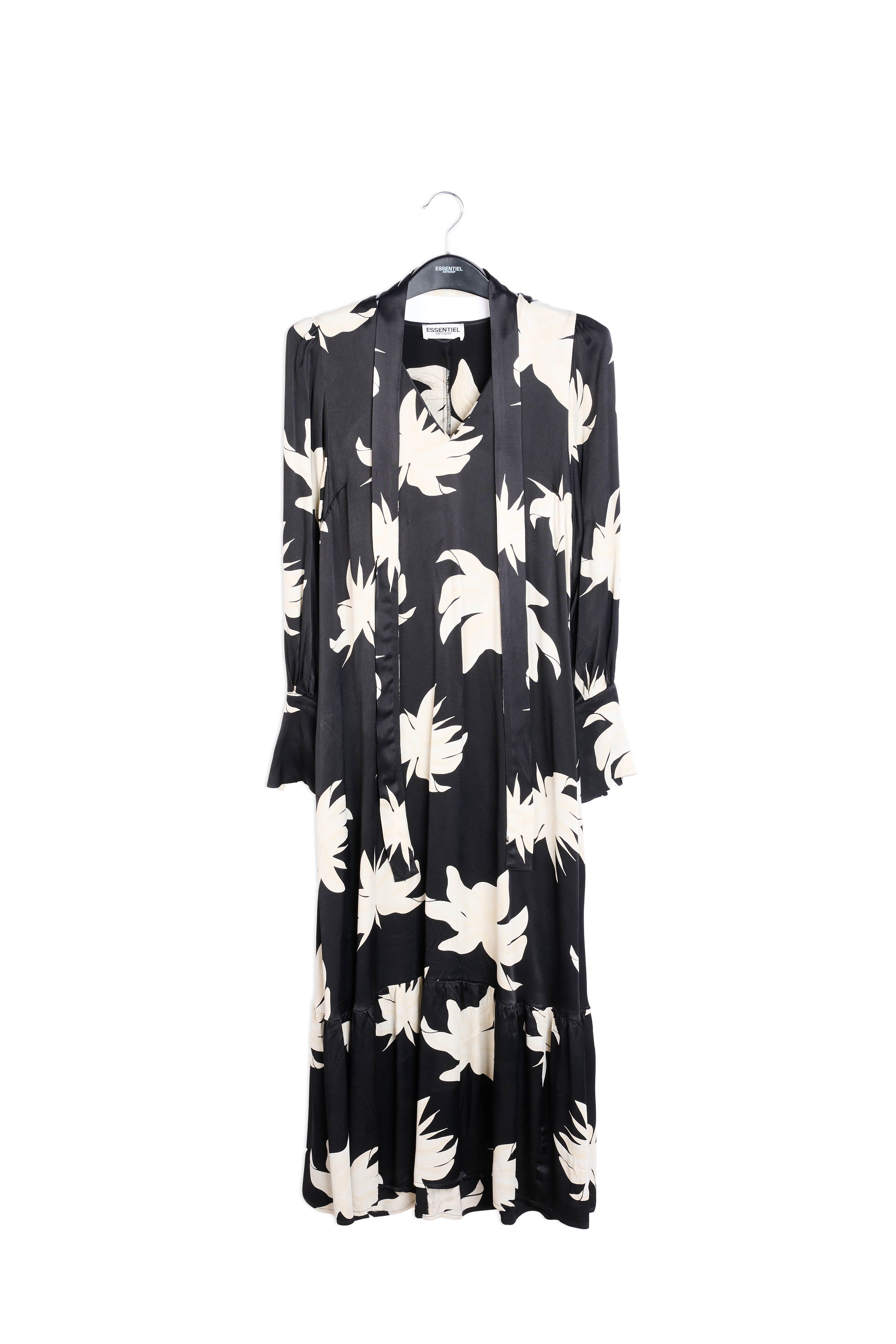 Maxi-jurk met zwarte en gebroken witte bloemenprint RE—SSENTIEL | Essentiel second hand