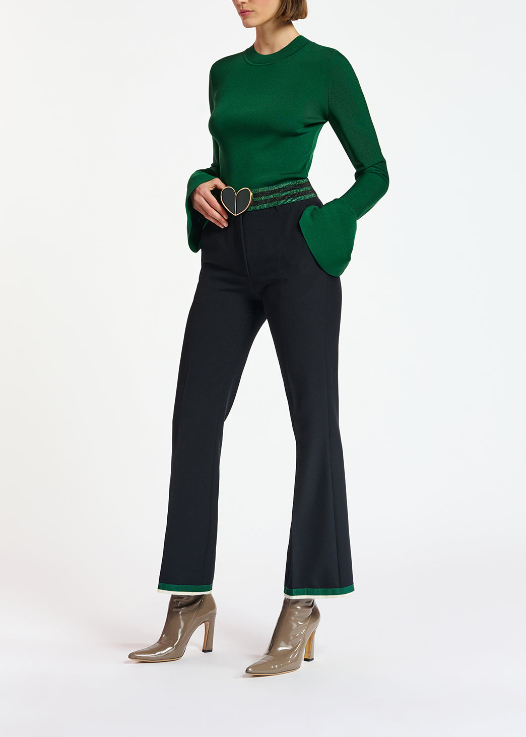 Dark green slim-fit knit sweater with trumpet sleeves RE—SSENTIEL | Essentiel second hand